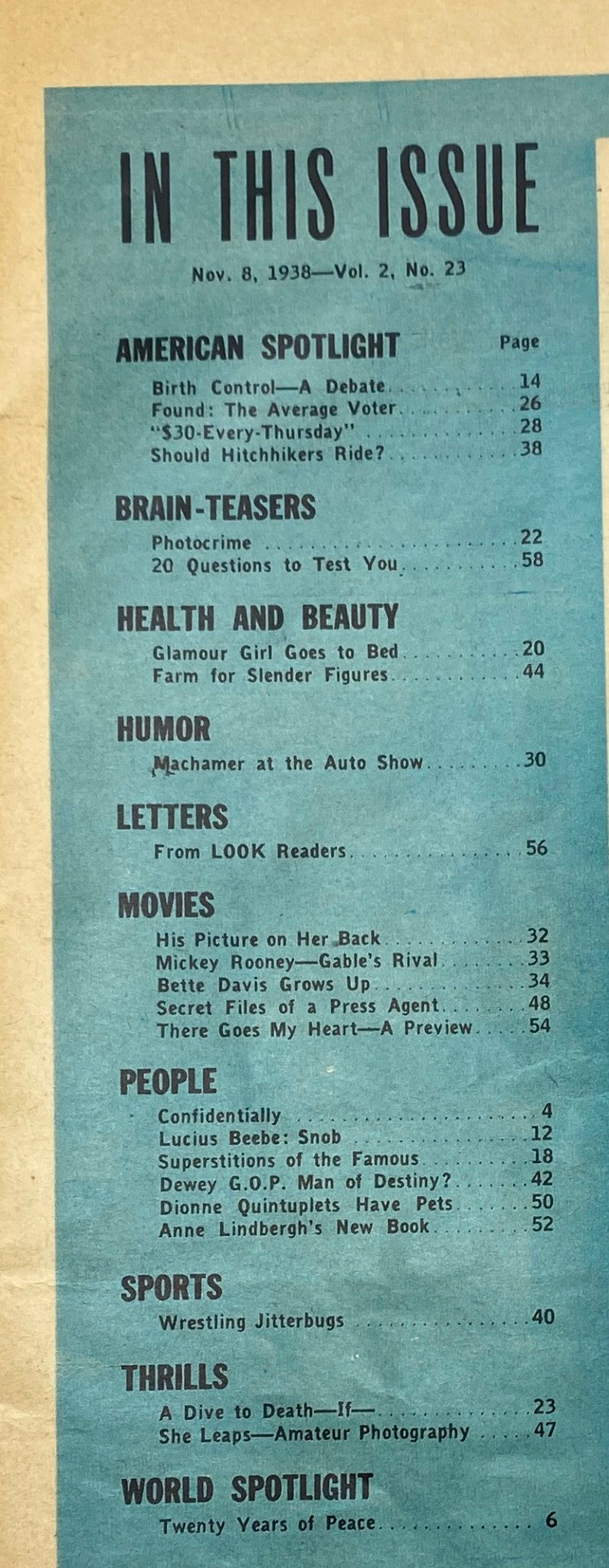 Vintage Look Magazine November 8, 1938 Vol 2 No. 23 Twenty Years of War No Label