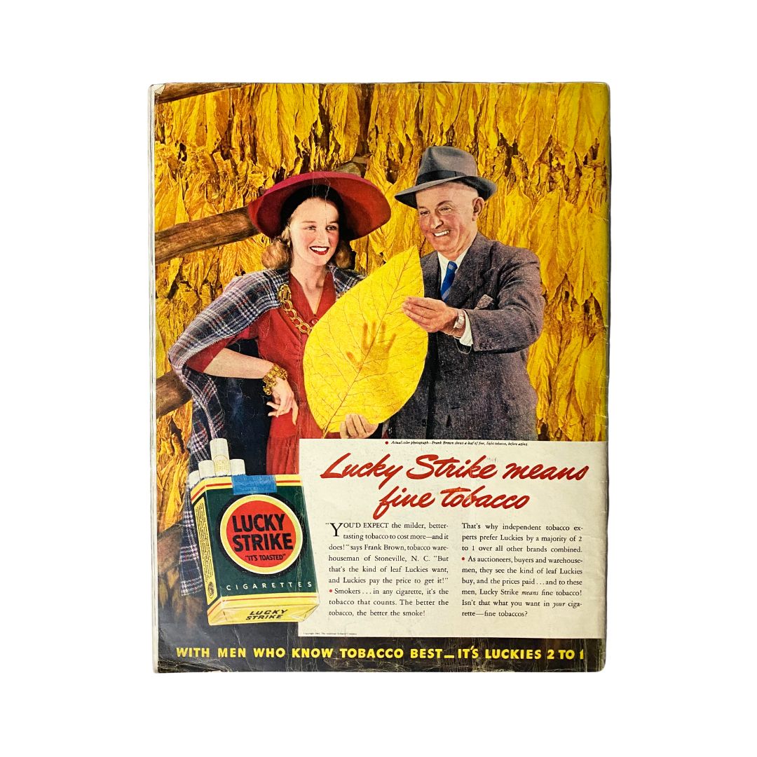 Back cover of Vintage Look Magazine, November 18, 1941, featuring a colorful advertisement for Lucky Strike cigarettes, showcasing a happy couple and promotional text about fine tobacco.