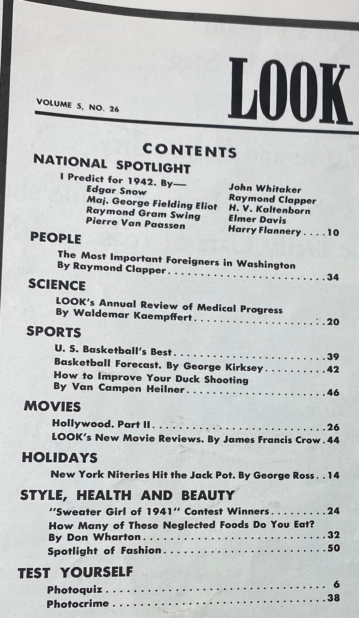 Contents page of Look Magazine December 30, 1941 Vol 5 No. 26, featuring articles such as 'I Predict for 1942' and sections on People, Science, Sports, Movies, and Style.