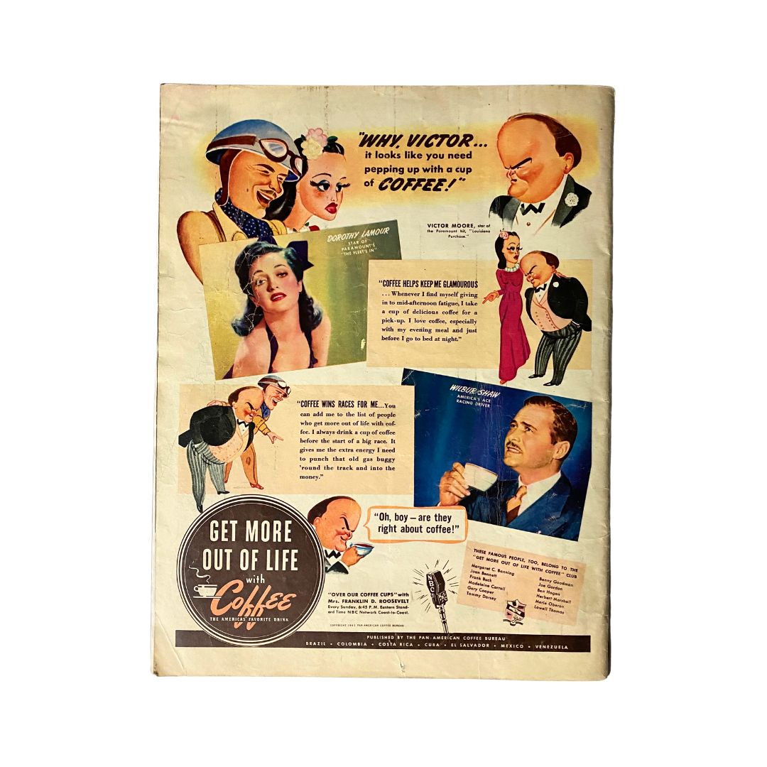 Vintage advertisement from Look Magazine December 30, 1941 Vol 5 No. 26 promoting coffee with illustrated characters and quotes, highlighting its benefits.
