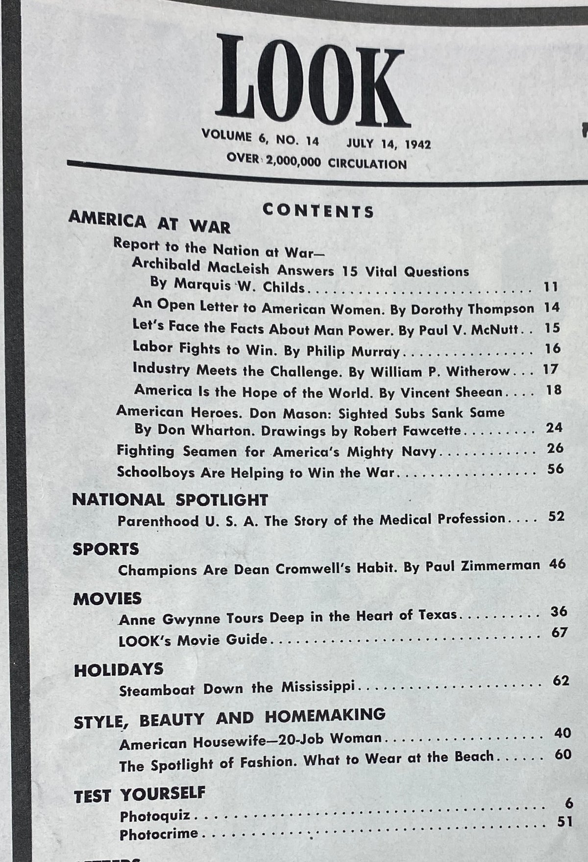 Table of contents from VTG Look Magazine July 14, 1942 Vol 6 No. 14, listing featured articles on America at War.