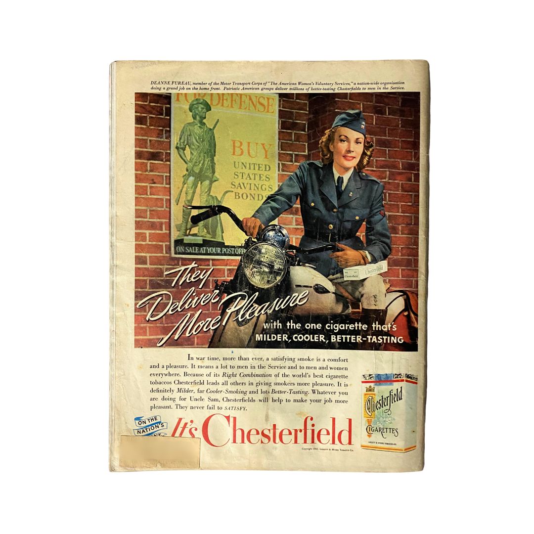Vintage Look Magazine July 14, 1942 cover featuring a woman in military attire promoting Chesterfield cigarettes, illustrating wartime America and the theme 'They Deliver More Pleasure.'