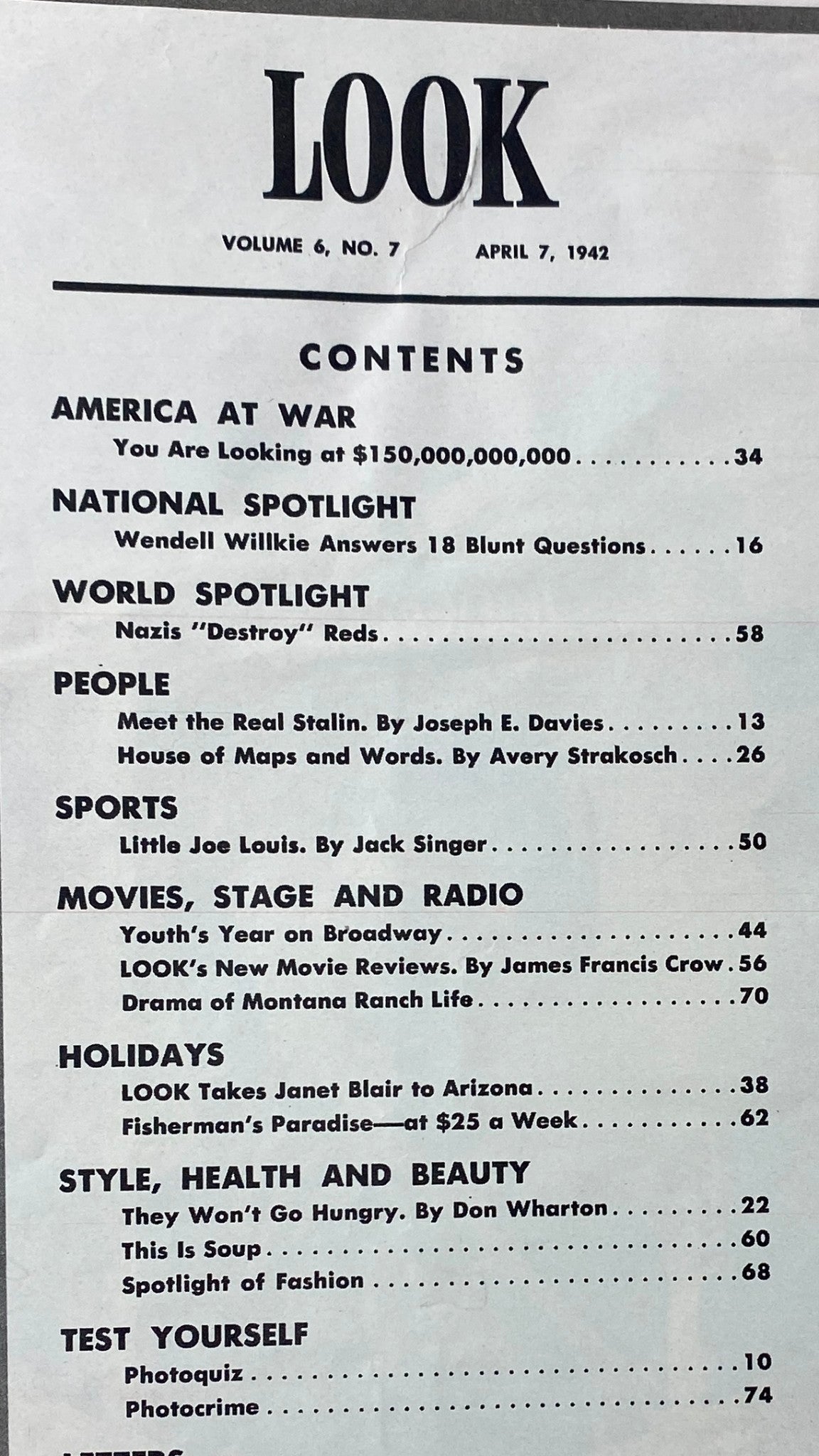 Contents page of the Vintage Look Magazine April 7, 1942, Vol 6 No. 7, detailing articles including Wendell Wilkie Answers and features on various topics.