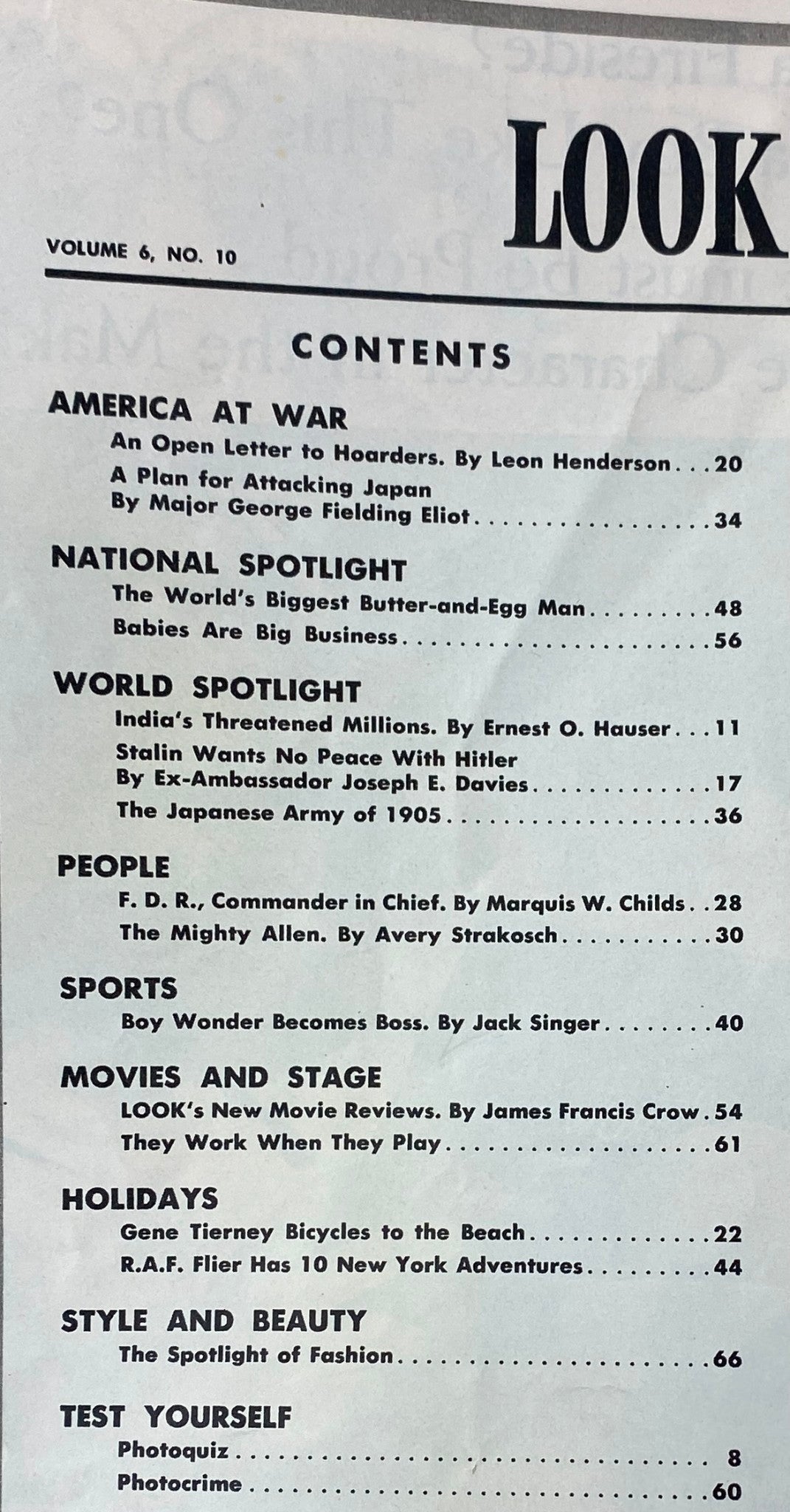 Table of contents from VTG Look Magazine May 19, 1942, Vol 6 No 10, listing articles including 'A Plan for Attacking Japan' and other wartime features.