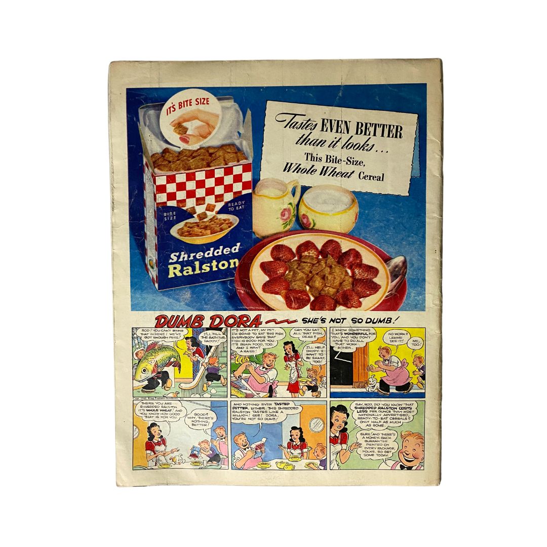 Vintage advertisement from Look Magazine May 19, 1942, featuring Shredded Ralston cereal with a colorful box, a bowl of cereal topped with strawberries, and a cartoon strip titled 'Dumb Dora.'