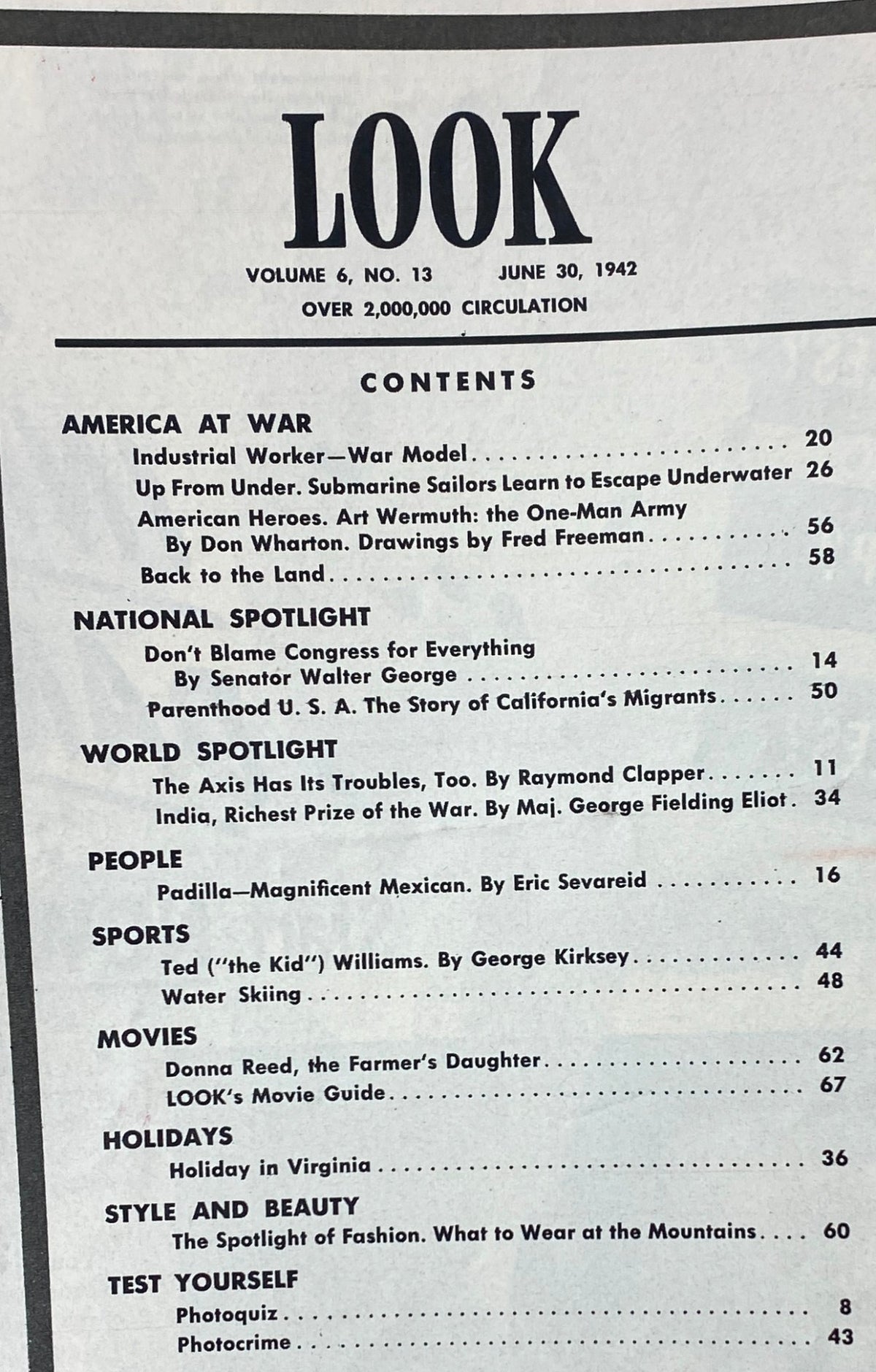 Table of contents for Look Magazine, June 30, 1942, Volume 6, No. 13, highlighting articles such as 'The Axis Has Its Troubles, Too' and 'America at War'.