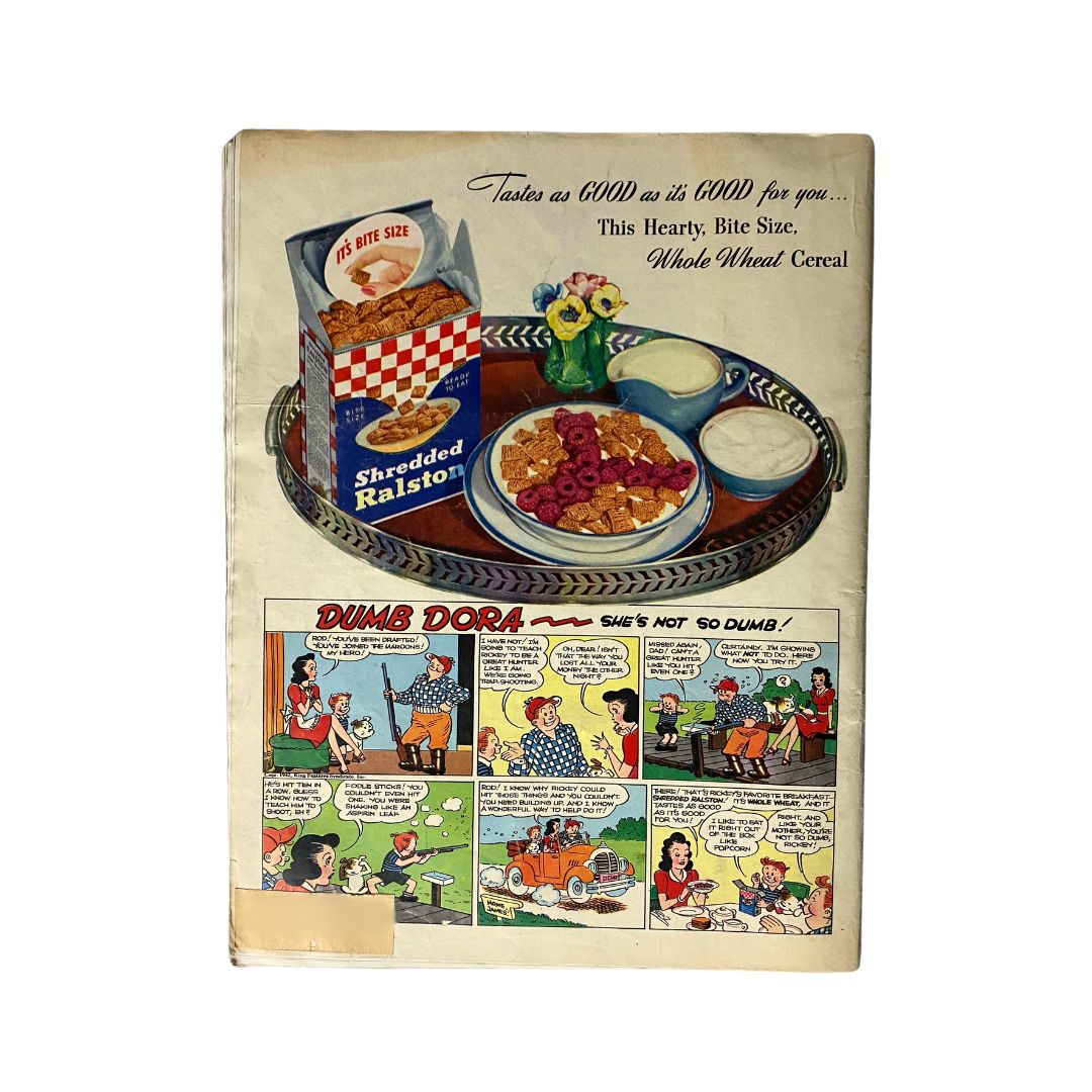 Back cover of Look Magazine, June 30, 1942, showcasing an advertisement for Shredded Ralston cereal alongside a comic strip of 'Dumb Dora'.