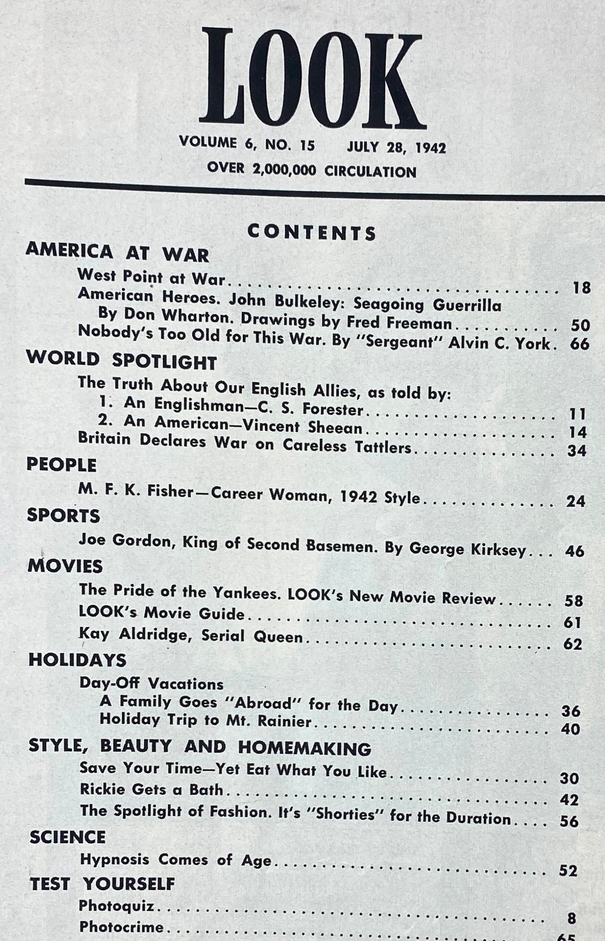 Contents page from Look Magazine, July 28, 1942, displaying articles including profiles of American heroes and features on wartime culture.