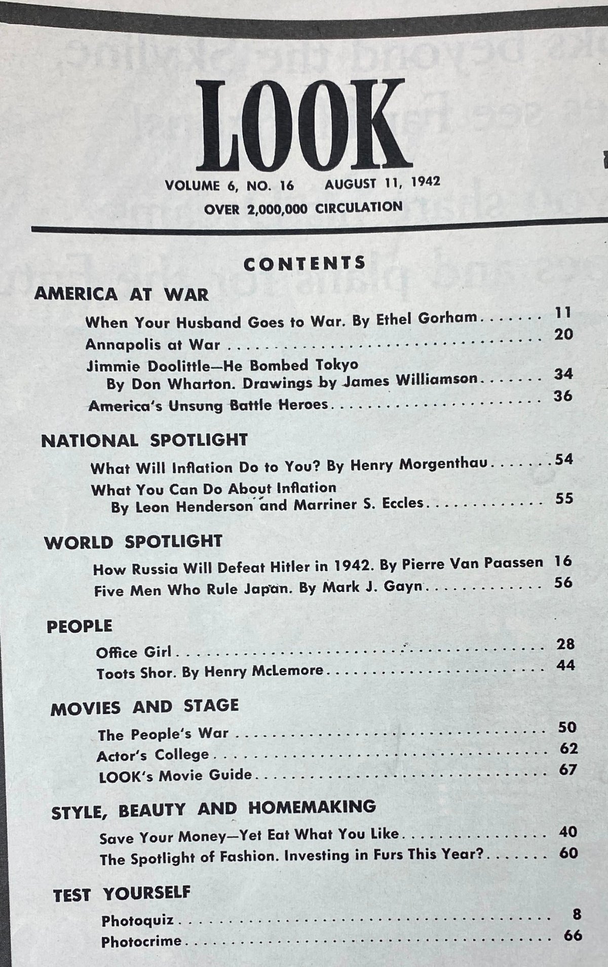 Vintage Look Magazine August 11, 1942 Vol 6 No. 16 Brig. Gen. James H. Doolittle