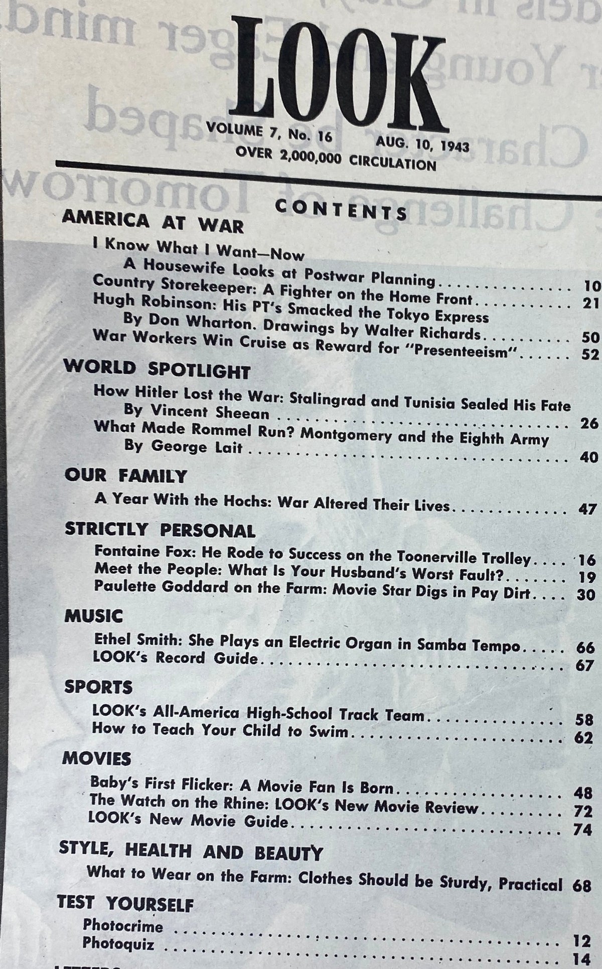 Contents page of Look Magazine, August 10, 1943, Vol 7 No. 16, featuring articles and topics related to World War II America, including a cover story on General Bernard Law Montgomery.