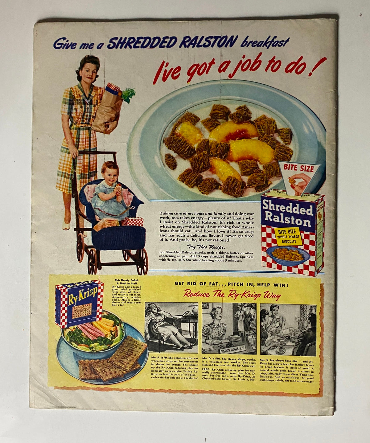 Vintage advertisement from Look Magazine, August 10, 1943, promoting Shredded Ralston breakfast cereal while showcasing a mother and child, emphasizing energy for home and family tasks.
