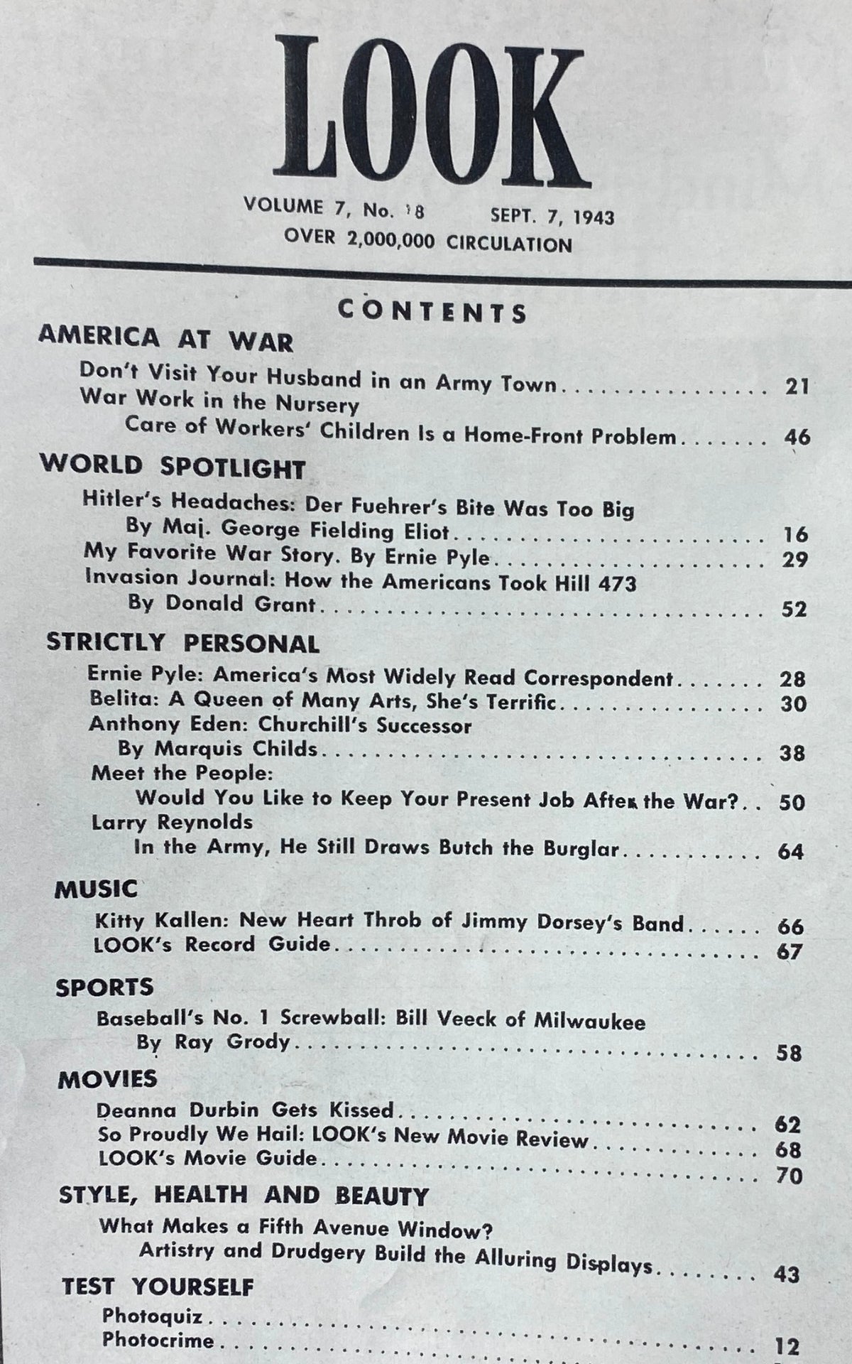 Table of contents from VTG Look Magazine, September 7, 1943, Vol 7 No. 18, detailing articles about wartime issues such as 'War Work in the Nursery' and 'Hitler's Headaches'.