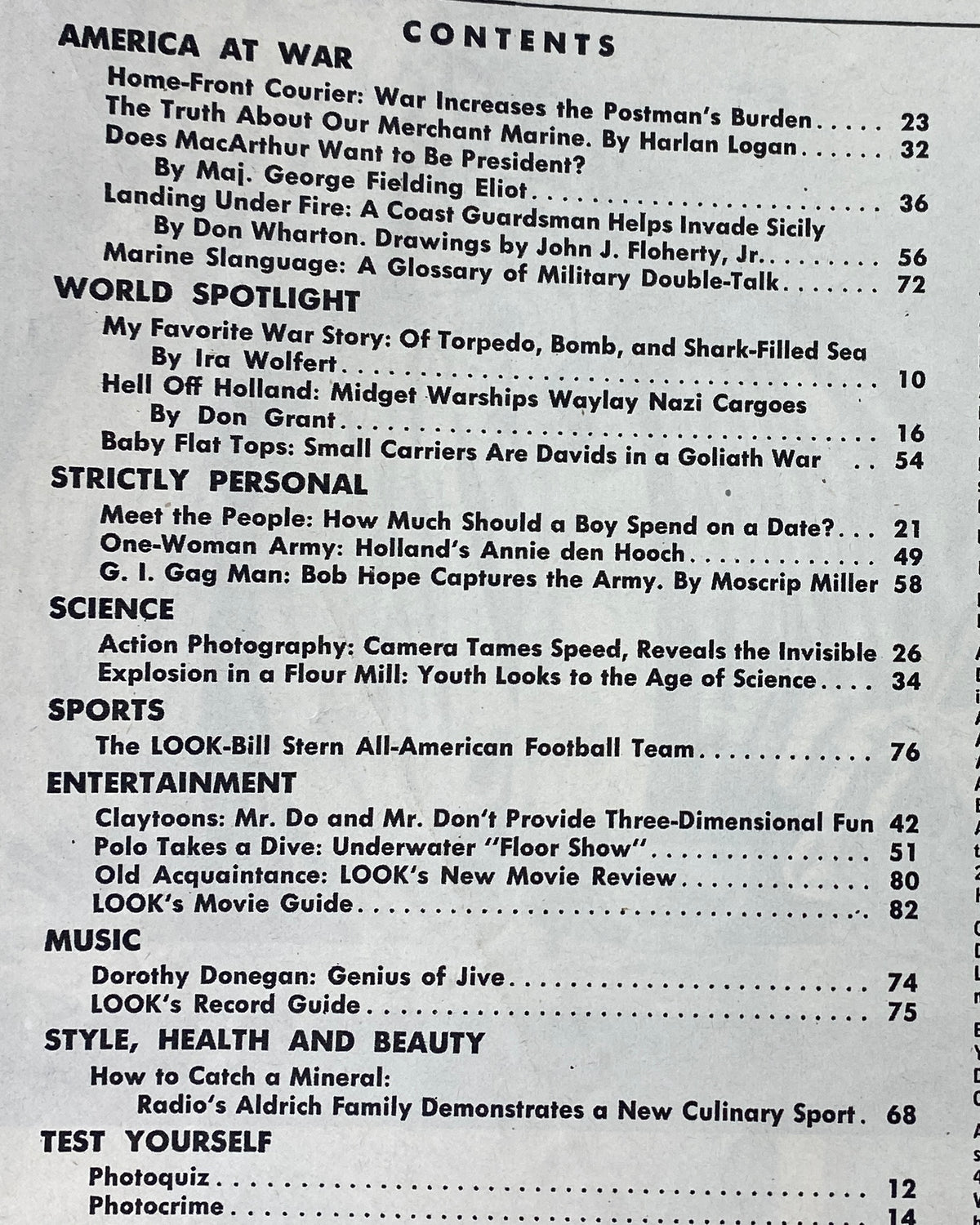 Contents page of the VTG Look Magazine from December 14, 1943, detailing articles including 'The Truth About Our Merchant Marine' and topics on wartime life during World War II.