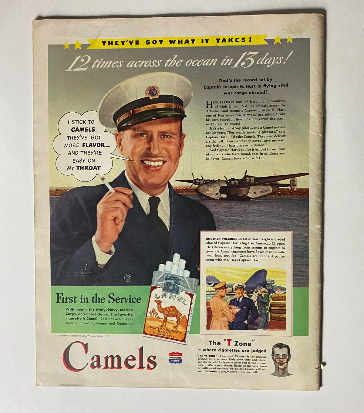 Advertisement for Camels cigarettes from Look Magazine, September 21, 1943, featuring Captain Joseph H. Hart promoting the brand with a background of warplanes, emphasizing a wartime theme.
