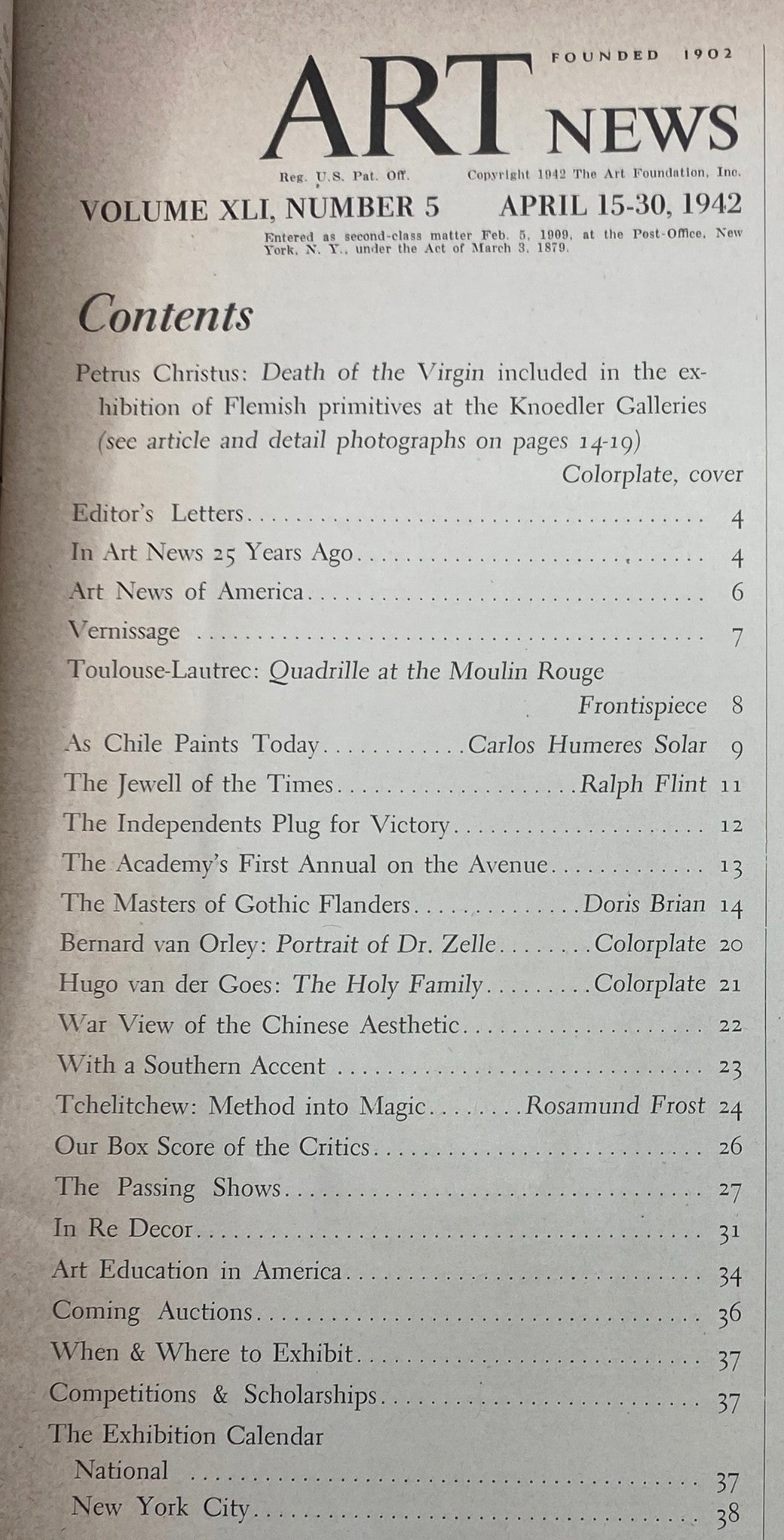 Vintage Art News Magazine April 15, 1942 P. Christus: Death of the Virgin No Label