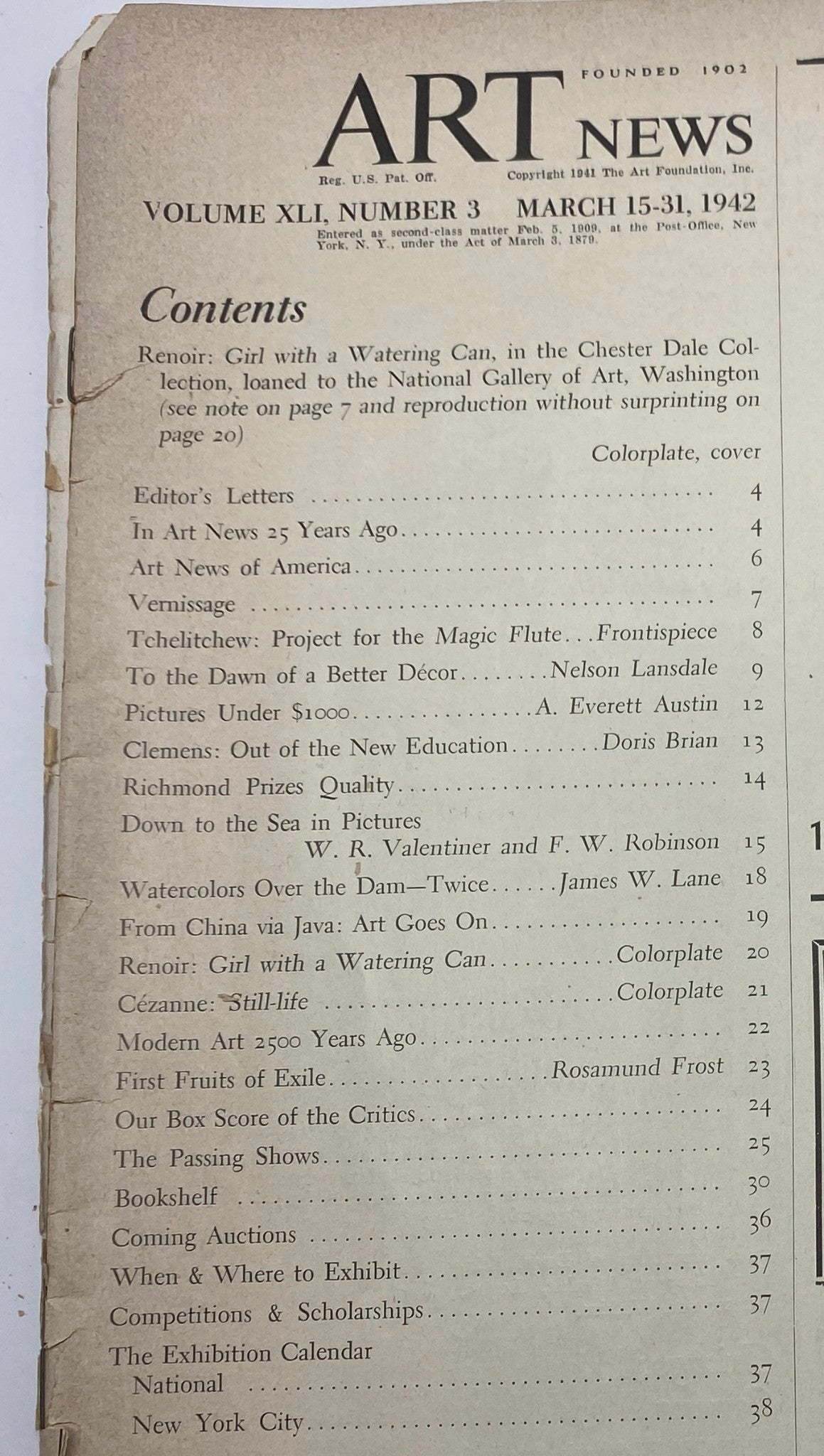 Vintage Art News Magazine March 15, 1942 Renoir: Girl with a Watering Can No Label