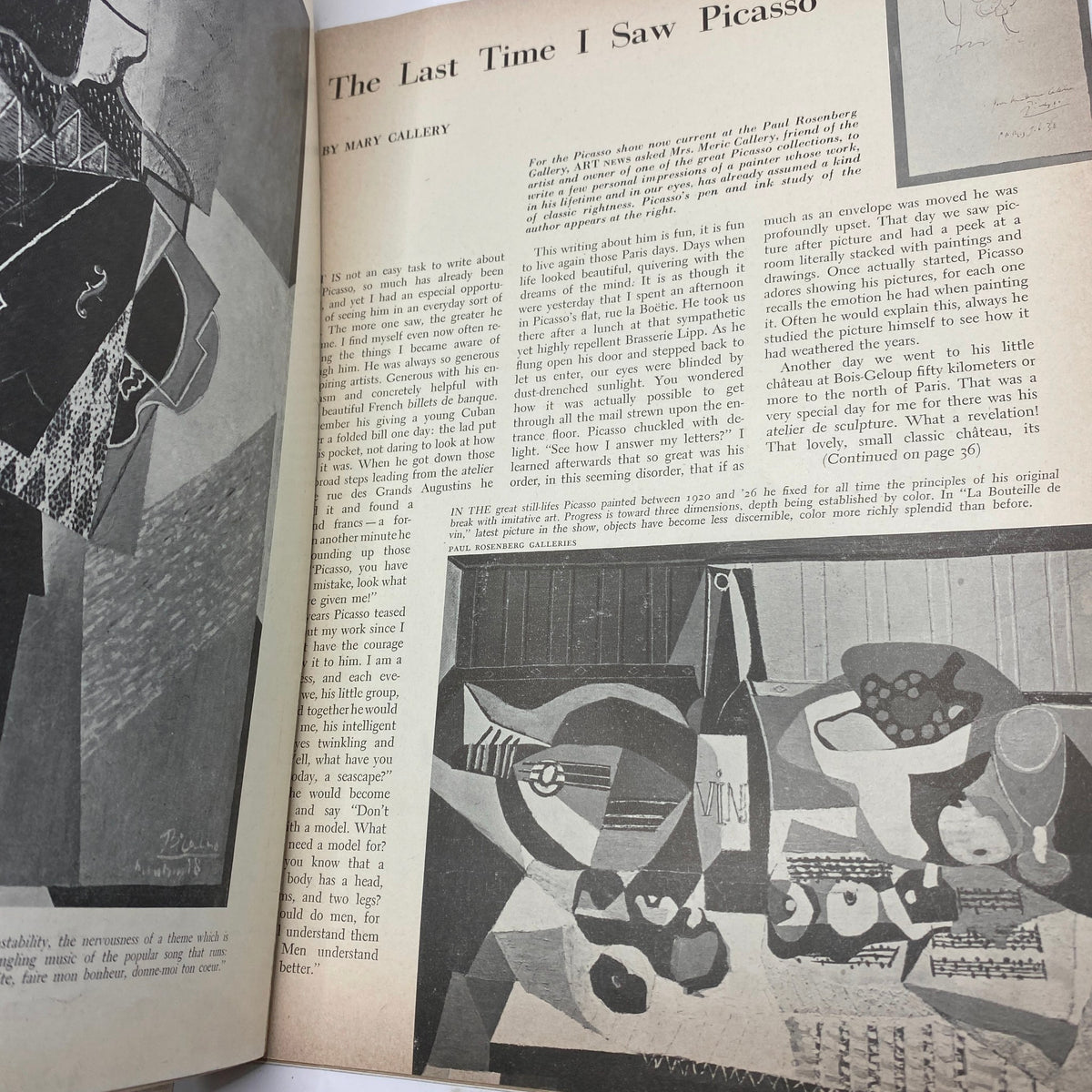 Interior page of the VTG Art News Magazine from March 1, 1942, featuring the article 'The Last Time I Saw Picasso' by Mary Callery, showcasing artwork and text related to Picasso.