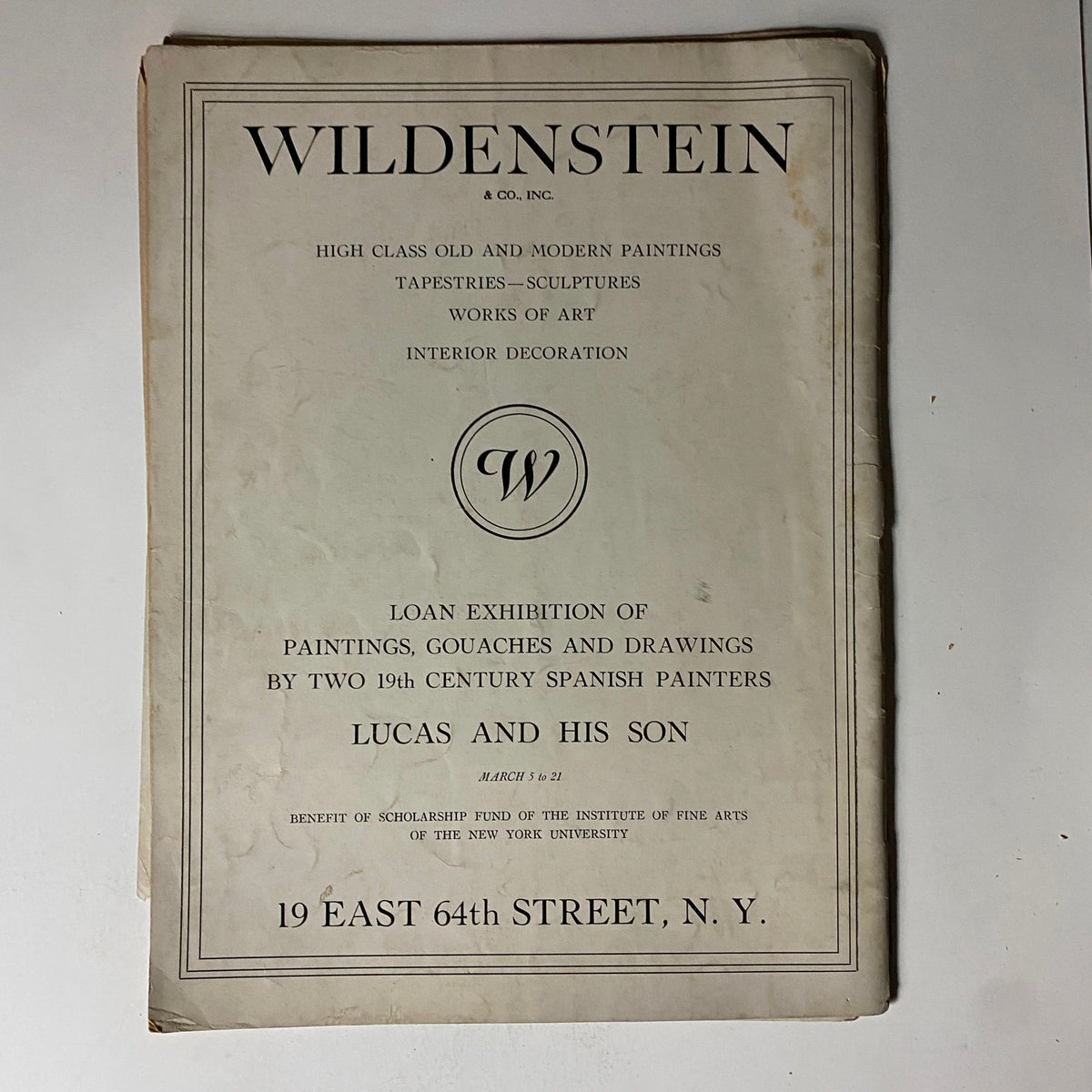 Cover of the exhibition brochure for Wildenstein & Co., Inc., detailing a loan exhibition of paintings by Lucas de Villamil and his son, March 5 to 21, 1942.