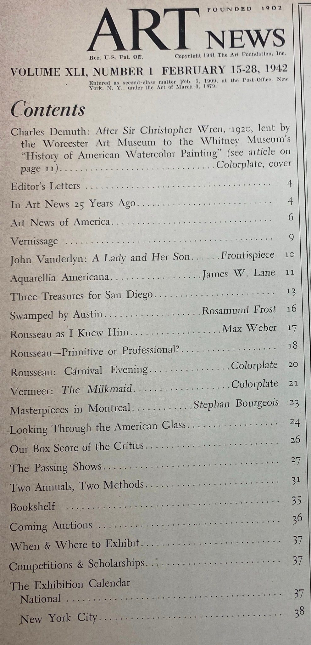 Contents page of VTG Art News Magazine February 15, 1942, listing articles including Charles Demuth's 'After Sir Christopher Wren' and John Vanderlyn's 'A Lady and Her Son'.