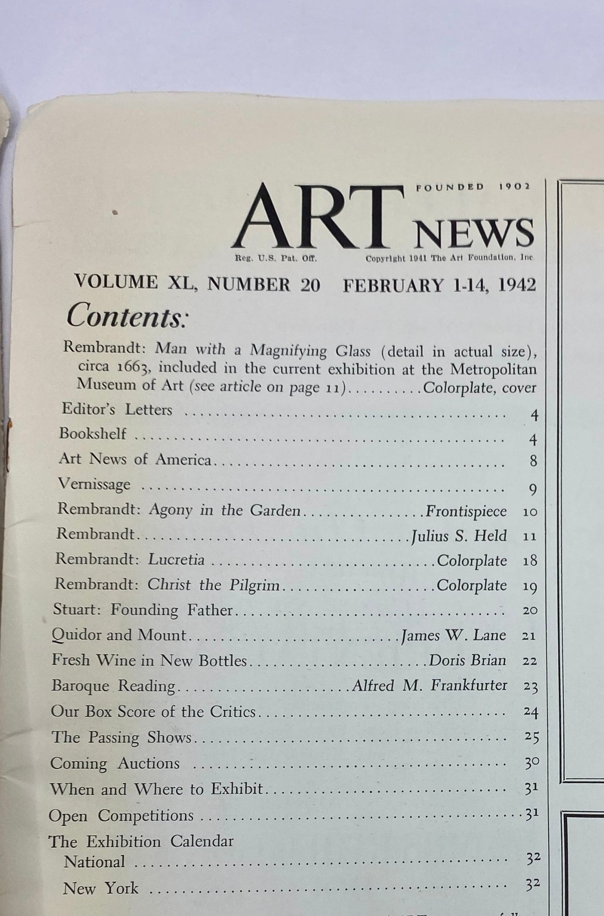Cover page of the vintage magazine 'Art News Magazine' from February 1, 1942, featuring the contents of the issue, including Rembrandt's 'Man with a Magnifying Glass'.