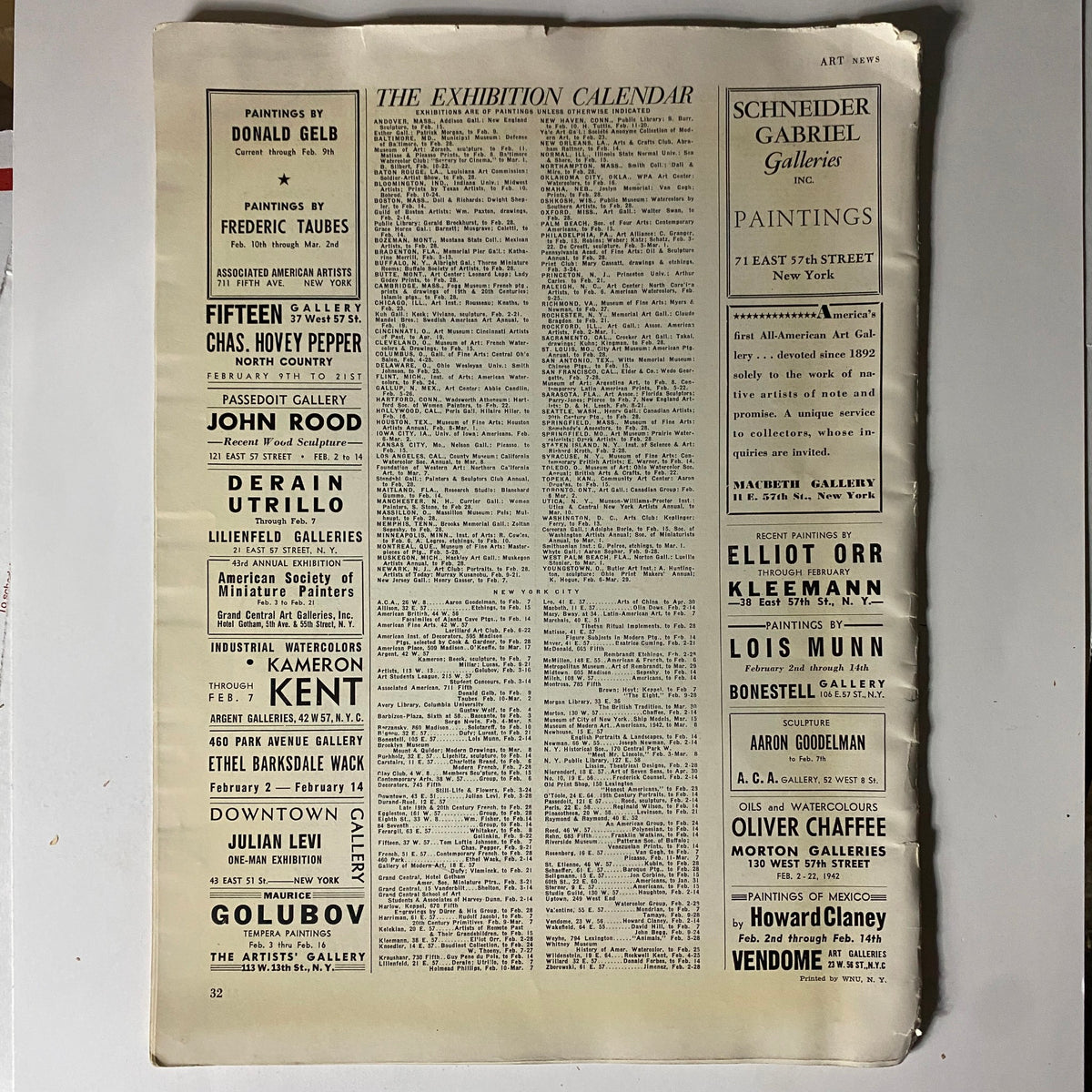 Page from 'Art News Magazine' dated February 1, 1942, containing the exhibition calendar for art shows during that time.