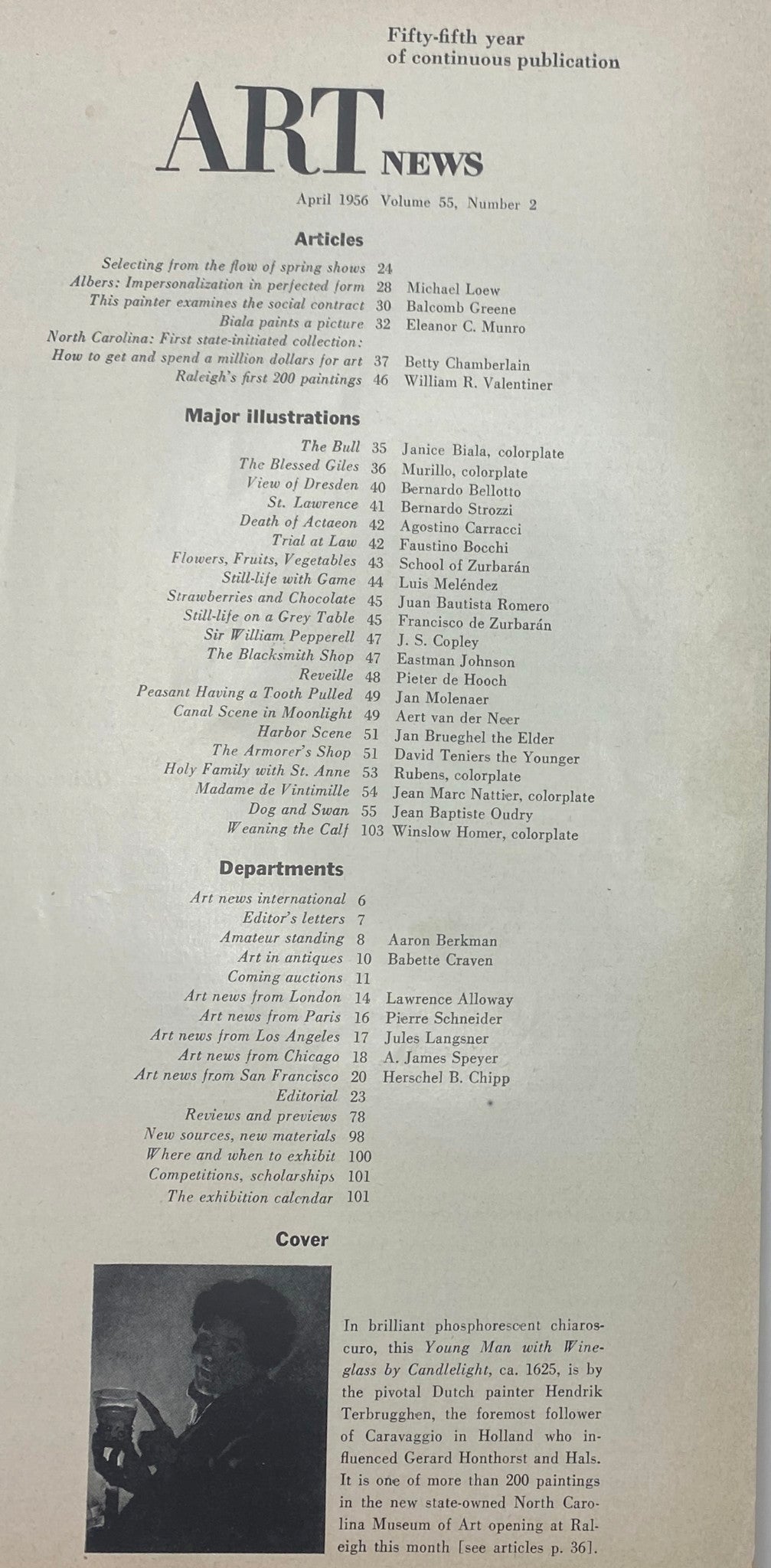 Table of contents for the April 1956 issue of Art News Magazine, showcasing articles and major illustrations.