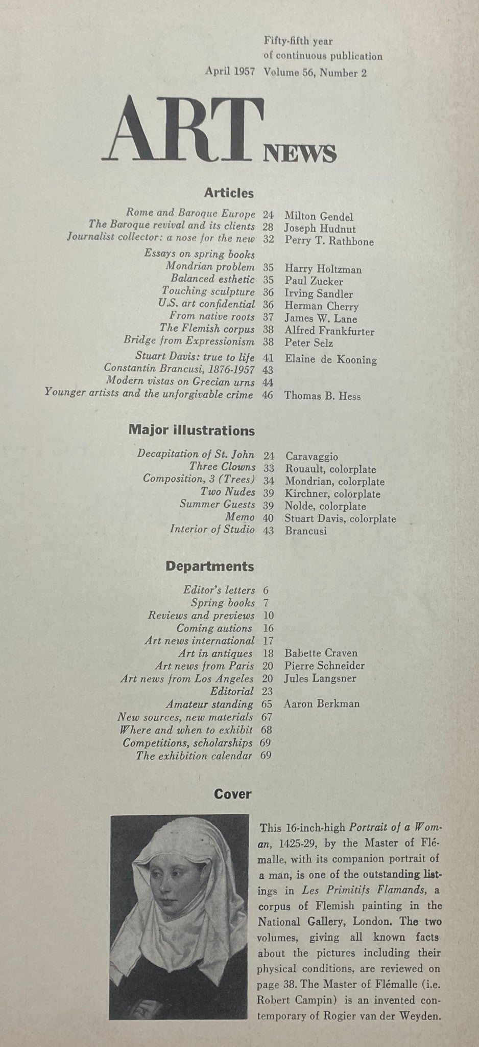Table of contents page of VTG Art News Magazine April 1957, featuring various article titles and illustrations, providing an overview of the magazine's rich content related to pivotal art movements.