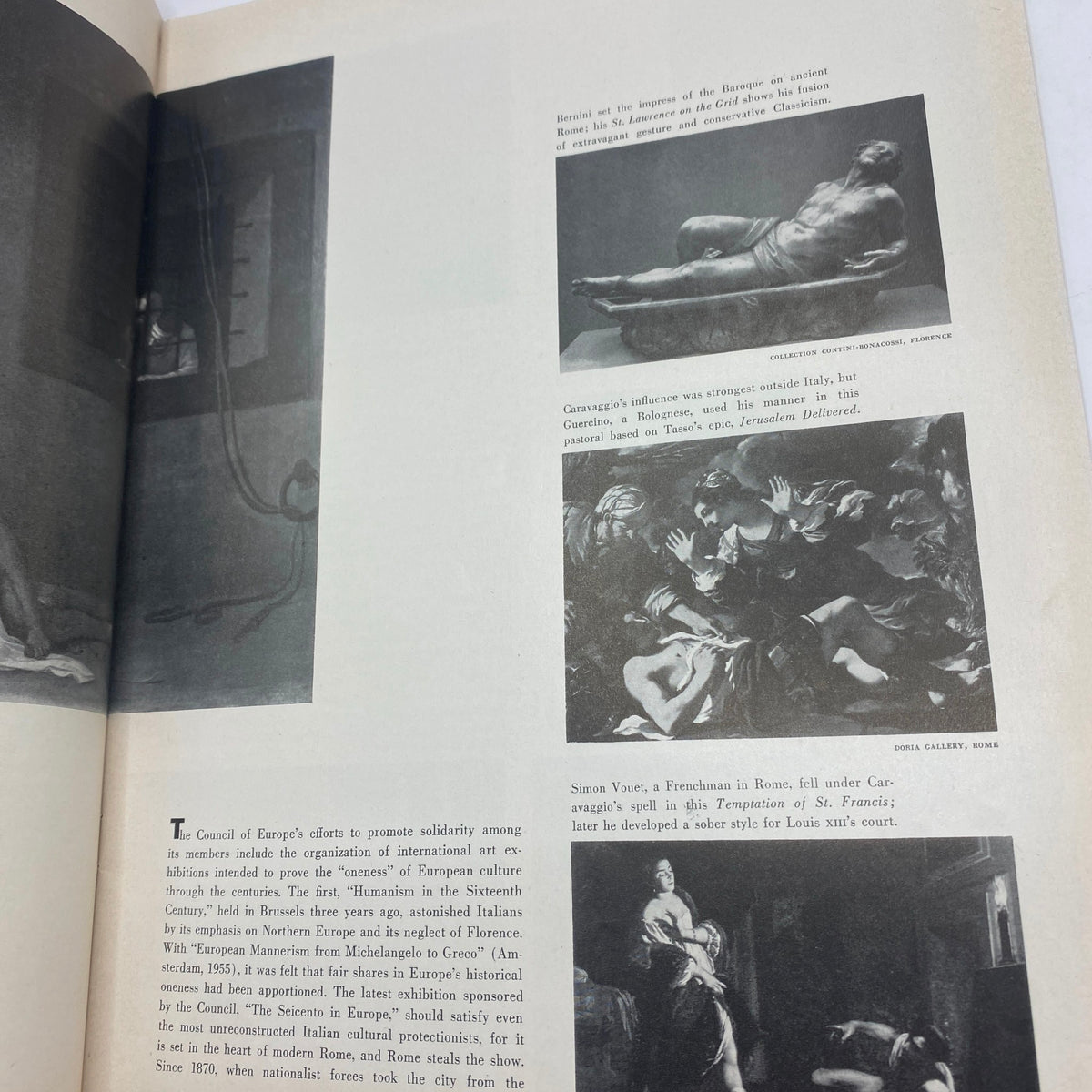 Interior page of VTG Art News Magazine April 1957, highlighting major illustrations, including Caravaggio's Decapitation of St. John, with informative captions about the significance of artwork.
