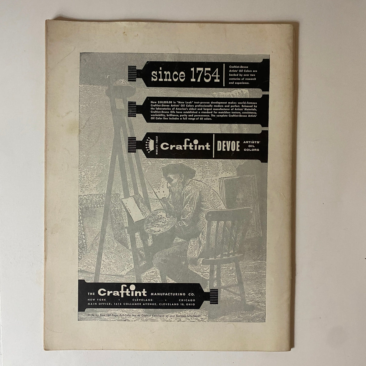 Back cover of VTG Art News Magazine April 1957 Portrait of a Woman, featuring a vintage advertisement for Craftint Oil Colors, illustrating a seated artist at work.