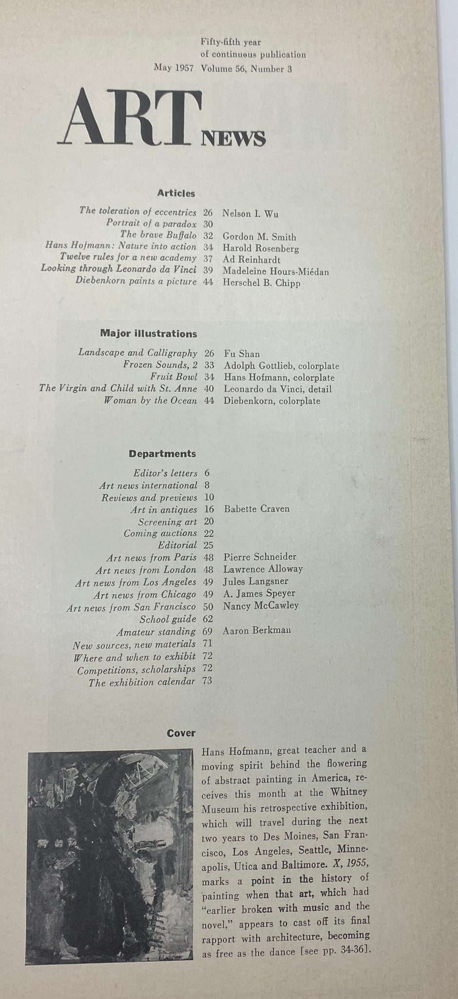 Table of contents from Art News Magazine May 1957 highlighting featured articles and illustrations, including works by Hans Hofmann and other notable artists.