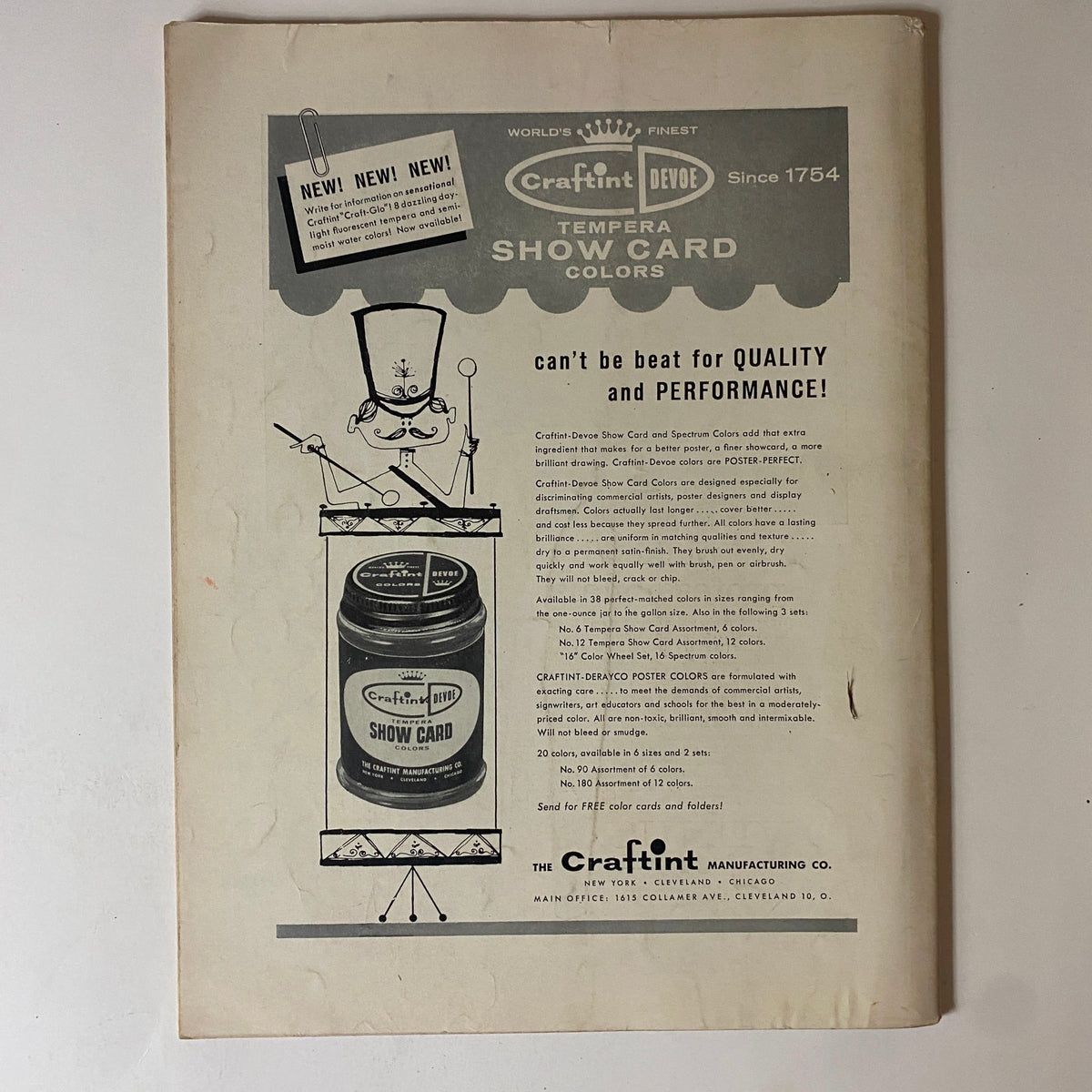 Back cover of the May 1957 edition of Art News Magazine, showcasing an advertisement for Craftint Show Card Colors, emphasizing quality and performance in artistic materials.