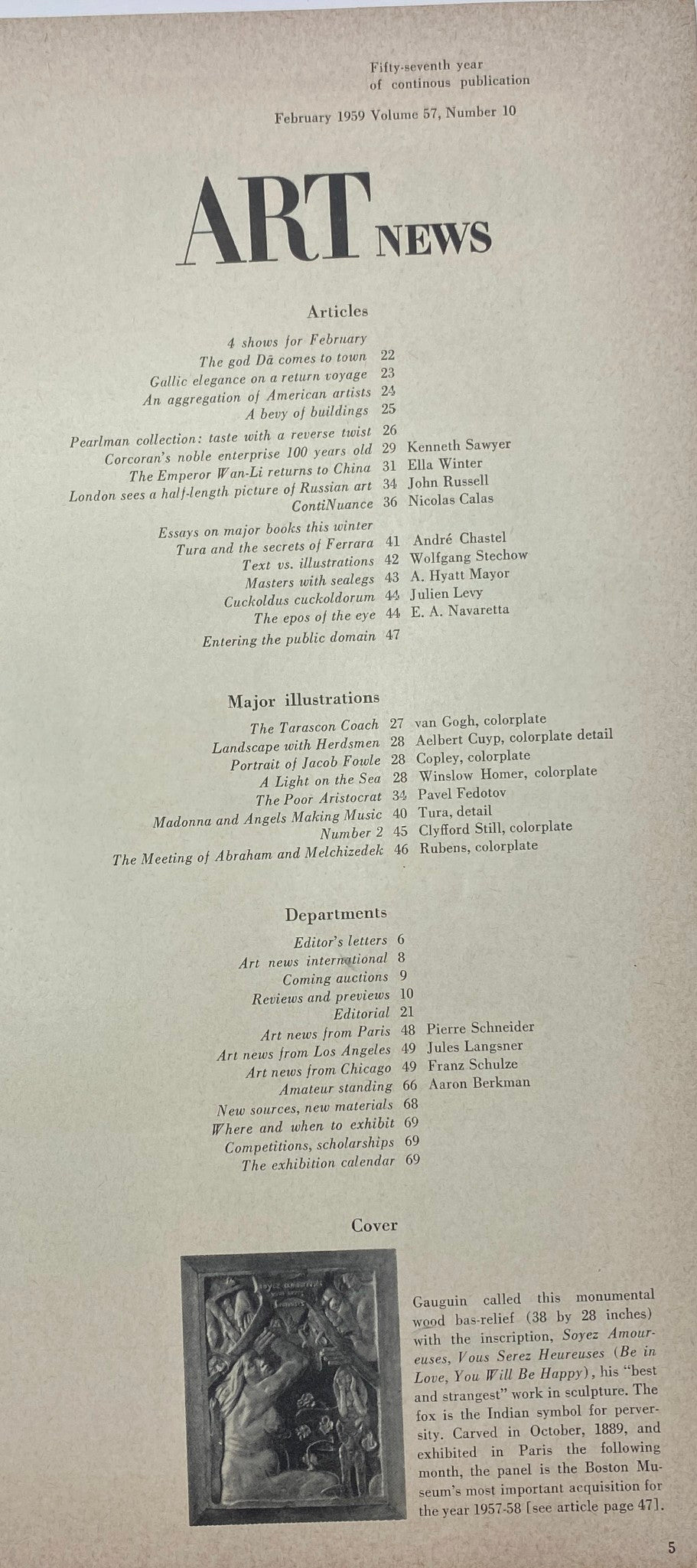 Table of contents from Art News Magazine February 1959, detailing articles and major illustrations of the issue, reflecting trends in the art world of that era.
