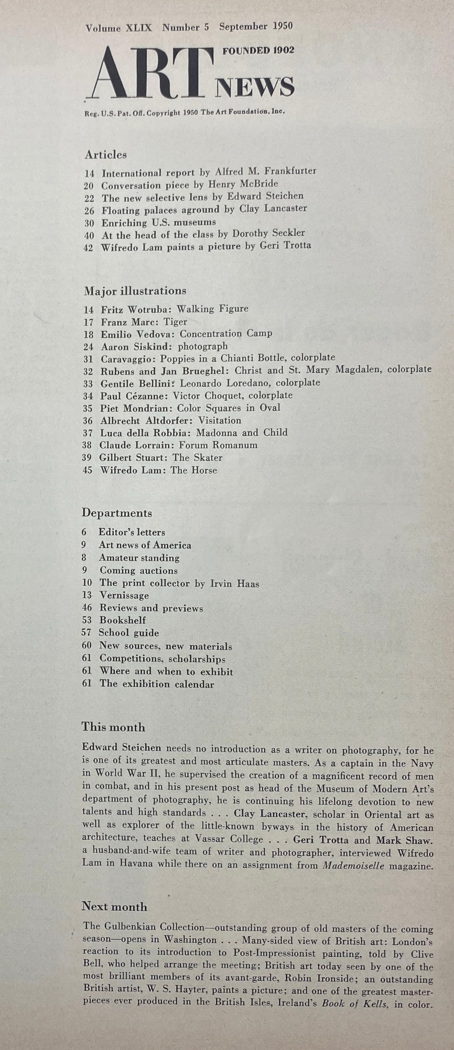 Inside page of the VTG Art News Magazine September 1950 detailing the articles and major illustrations featured, providing insight into the art movements of the era.