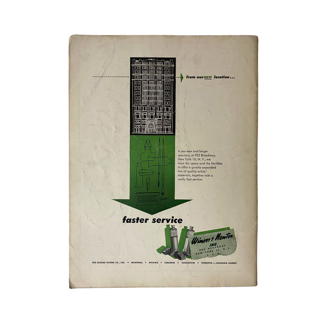 VTG Art News Magazine September 1950 featuring an advertisement for Winsor & Newton with an illustration of their art supplies and a reference to their new location.