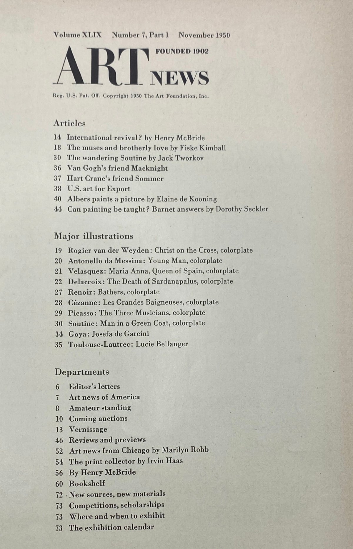 Table of contents from 'VTG Art News Magazine November 1950' listing articles and major illustrations including works by Velasquez and Picasso.