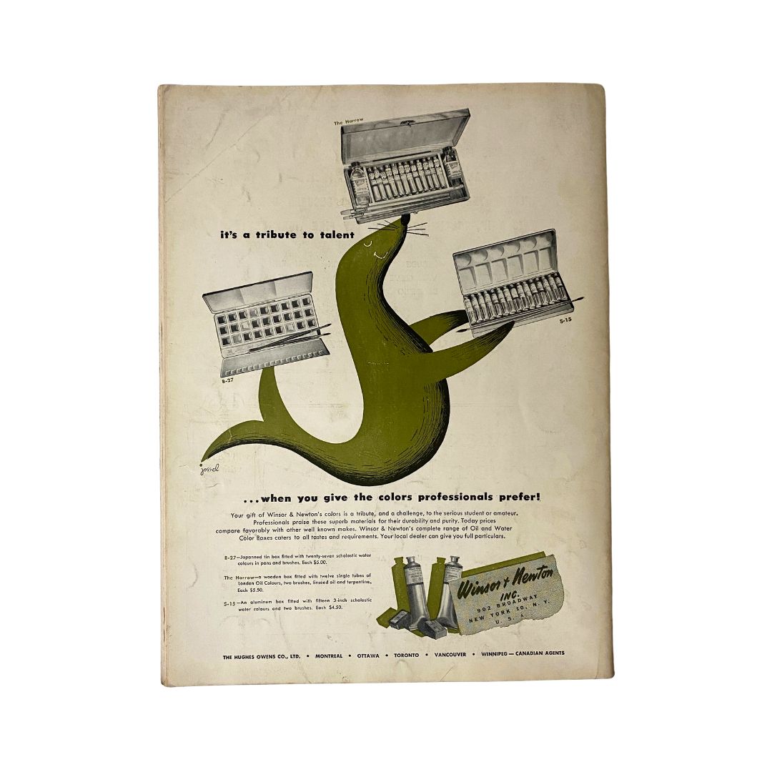 Back cover of VTG Art News Magazine from November 1950 featuring a colorful advertisement for Winsor & Newton art supplies, emphasizing the quality and professionalism of their products.