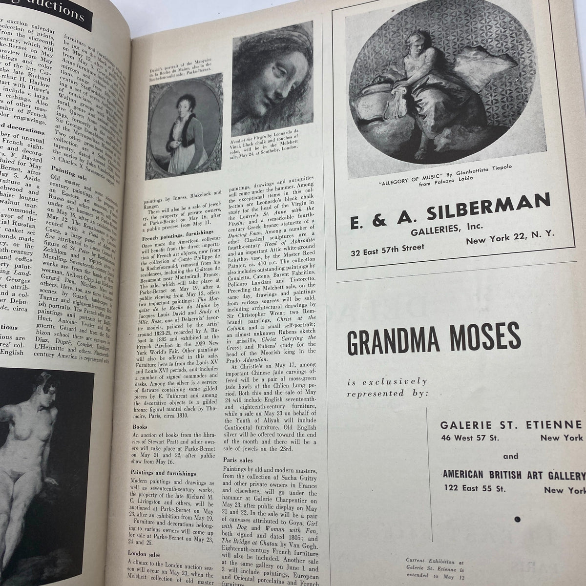 Interior page of 'VTG Art News Magazine May 1951', showcasing various articles, galleries and artists, including an exclusive feature on Grandma Moses.