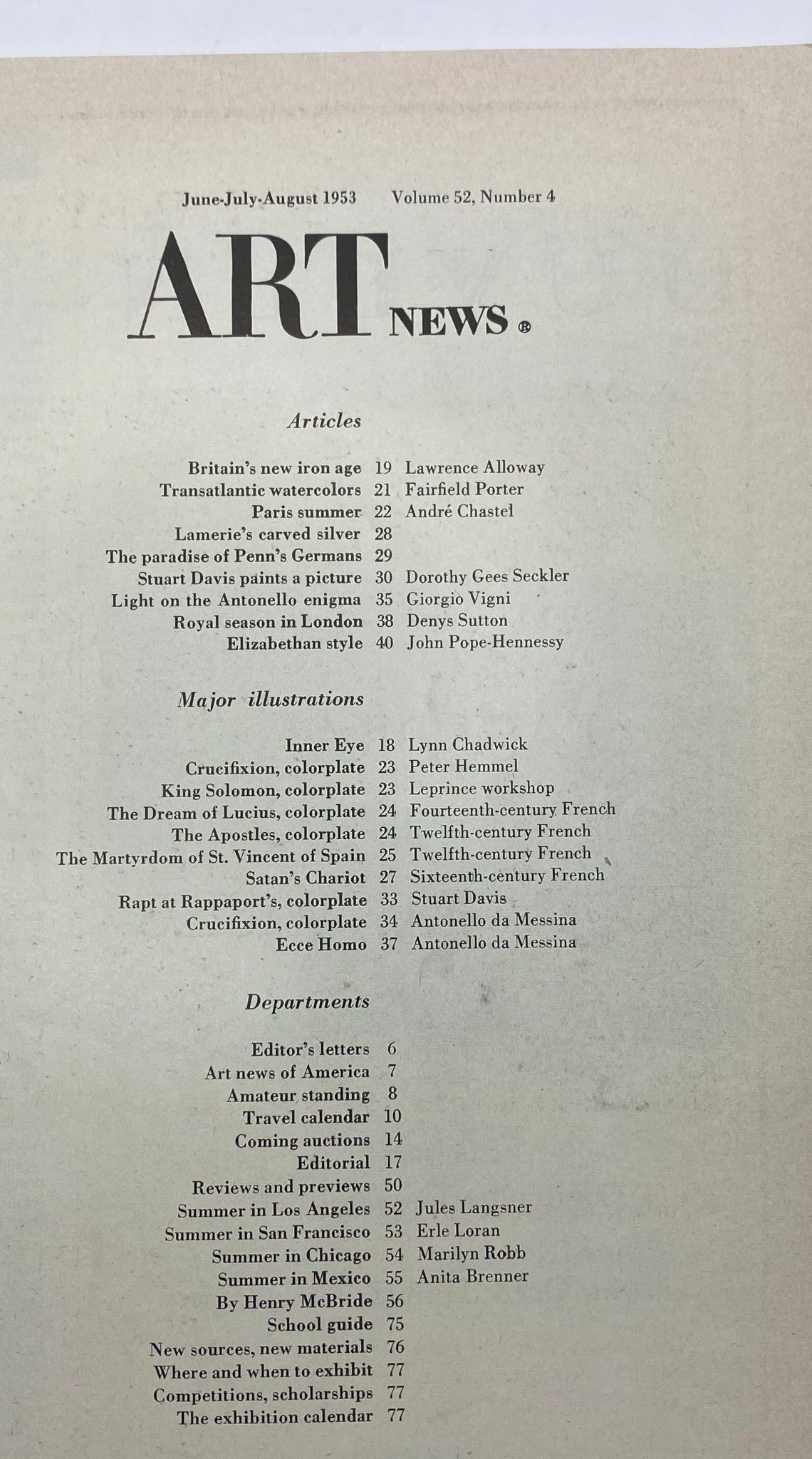 Contents page of VTG Art News Magazine Summer 1953 outlining articles and illustrations, including 'Britain’s New Iron Age' and 'Royal Season in London'.