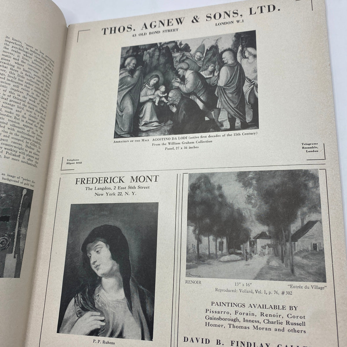 Inside page of VTG Art News Magazine January 1954 featuring advertisements for artwork and artists, including the 'Adoration of the Magi' and portraits by Rubens.