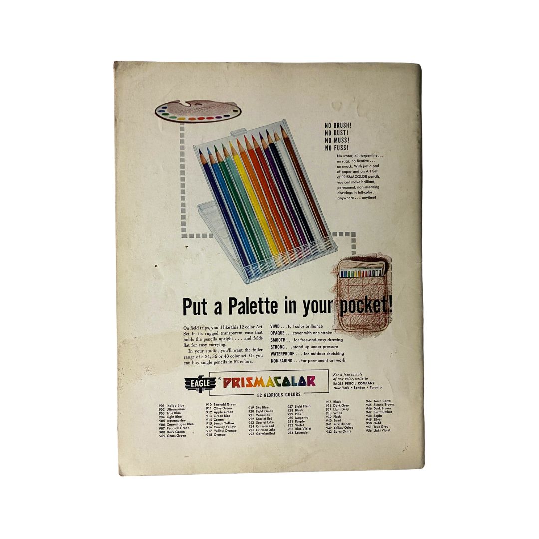 Back cover of VTG Art News Magazine January 1954 featuring an advertisement for Eagle Prismacolor art supplies, including colored pencils and an art palette.
