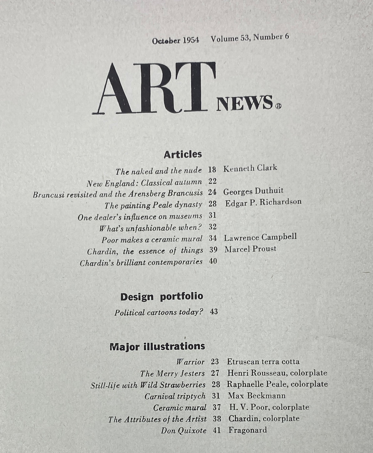 Table of contents page from the October 1954 Art News Magazine, listing articles and major illustrations including New England: Classical Autumn.