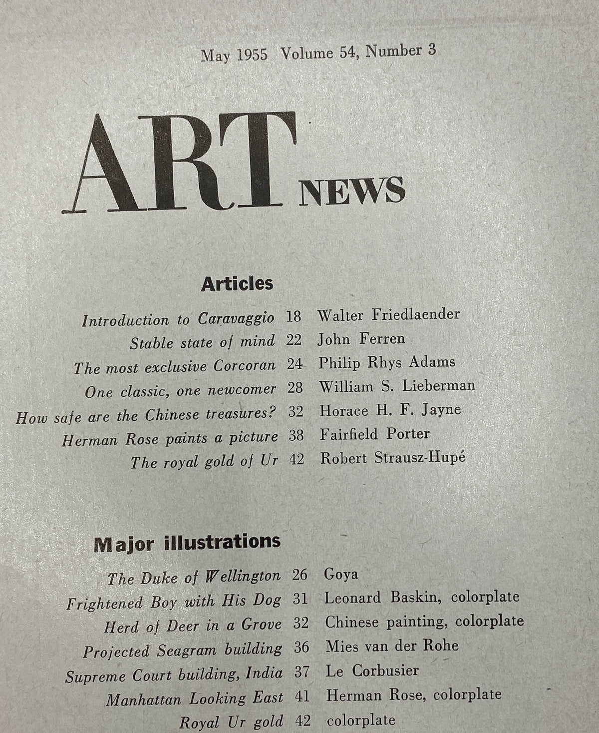 Table of contents from the May 1955 issue of VTG Art News Magazine featuring an introduction to Caravaggio and various articles related to art and culture.