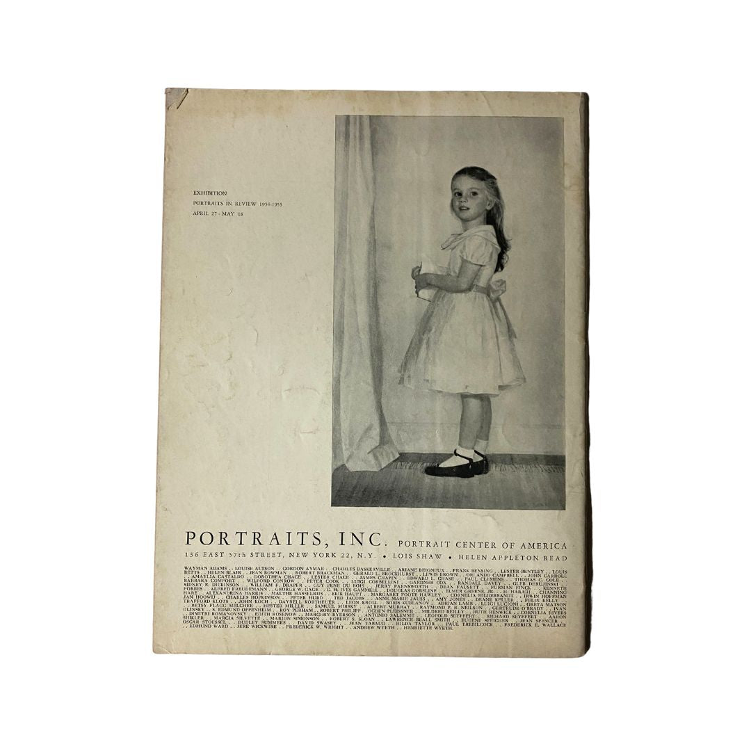 Back cover of VTG Art News Magazine from May 1955, featuring an advertisement for 'Portraits, Inc.' with a photograph of a young girl.