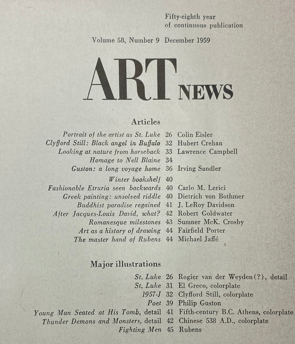 Interior page of VTG Art News Magazine December 1959 listing articles and illustrations, including titles like 'Portrait of the artist as St. Luke' and 'Guston: a long voyage home'.