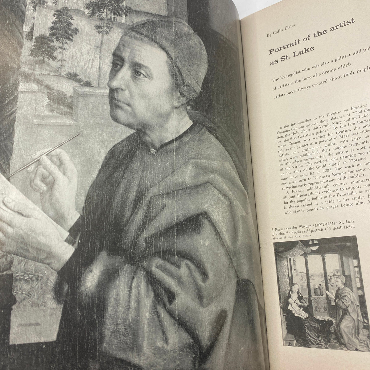 Image from VTG Art News Magazine December 1959 titled 'The Drowned Child Restored to Life,' showcasing a portrait of the artist as St. Luke by Colin Eisler.