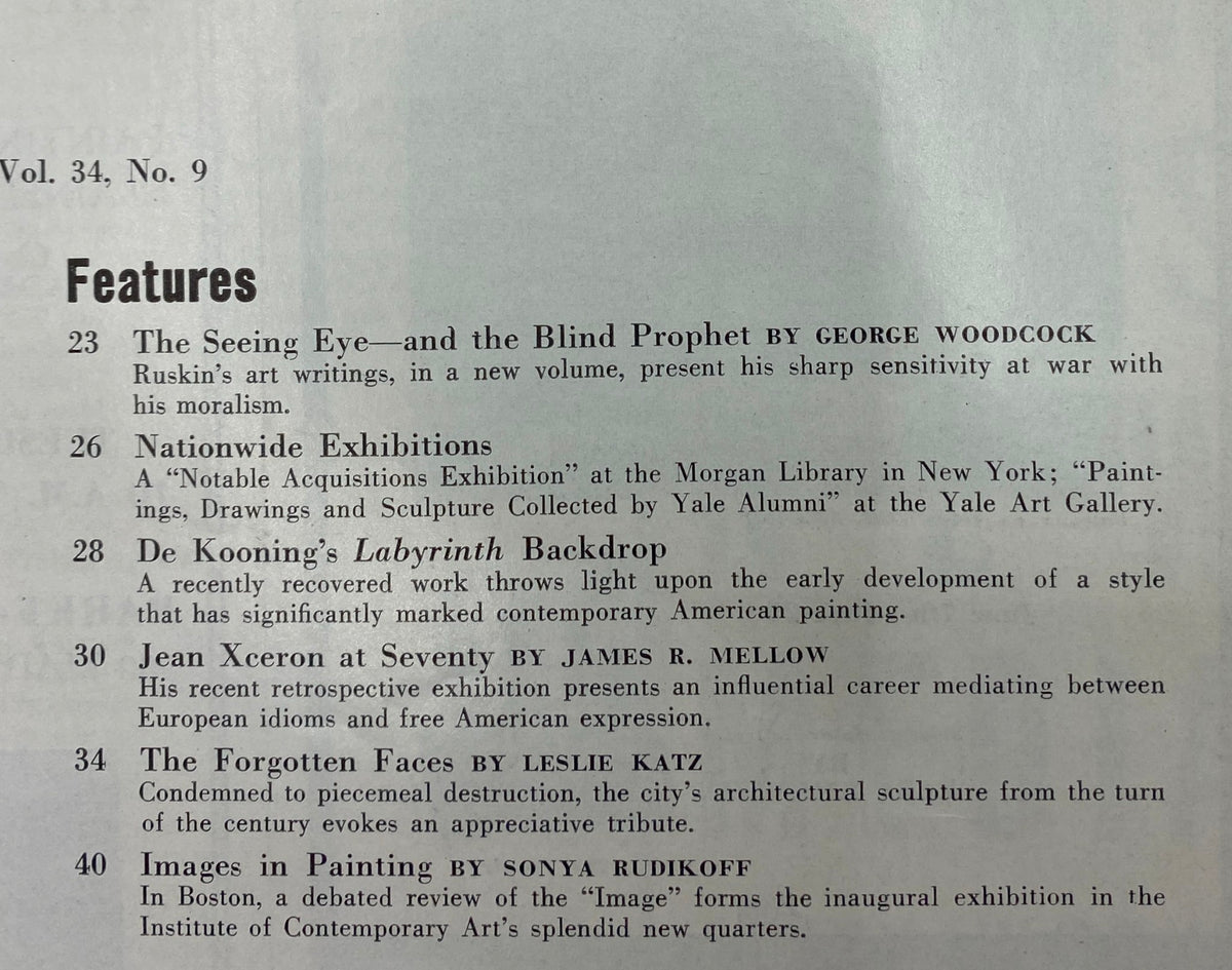 Features page from the June 1960 issue of ARTS magazine, outlining significant articles including 'The Seeing Eye—and the Blind Prophet' and 'Nationwide Exhibitions', highlighting influential discussions in art criticism.