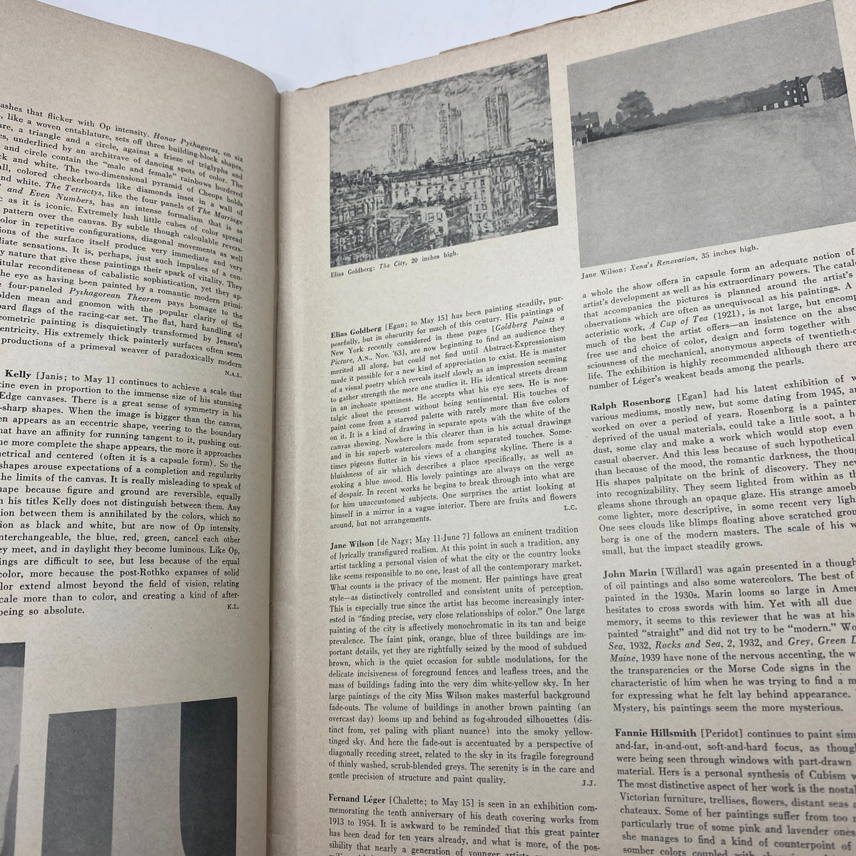 Interior view of the VTG Art News Magazine May 1965 Volume 64, No. 3 featuring illustrations and articles about artists like Eliza Goldblatt and Jane Wilson. This vintage magazine showcases insights into 1960s art.