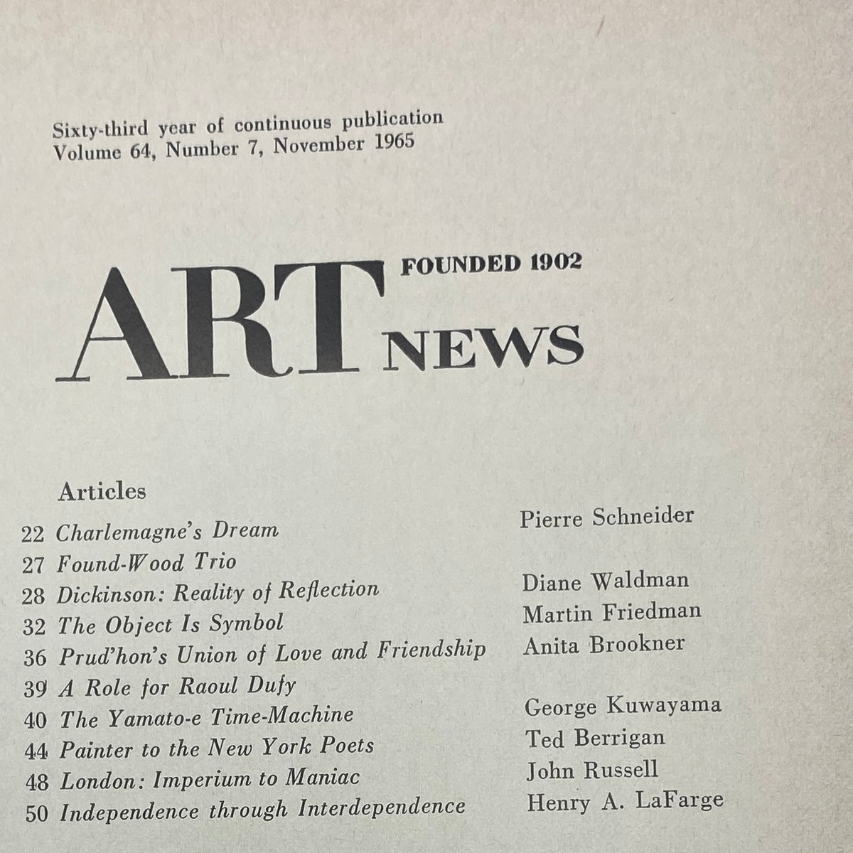 Table of contents for VTG Art News Magazine November 1965, listing articles including 'Dickinson: Reality of Reflection' and other featured works.