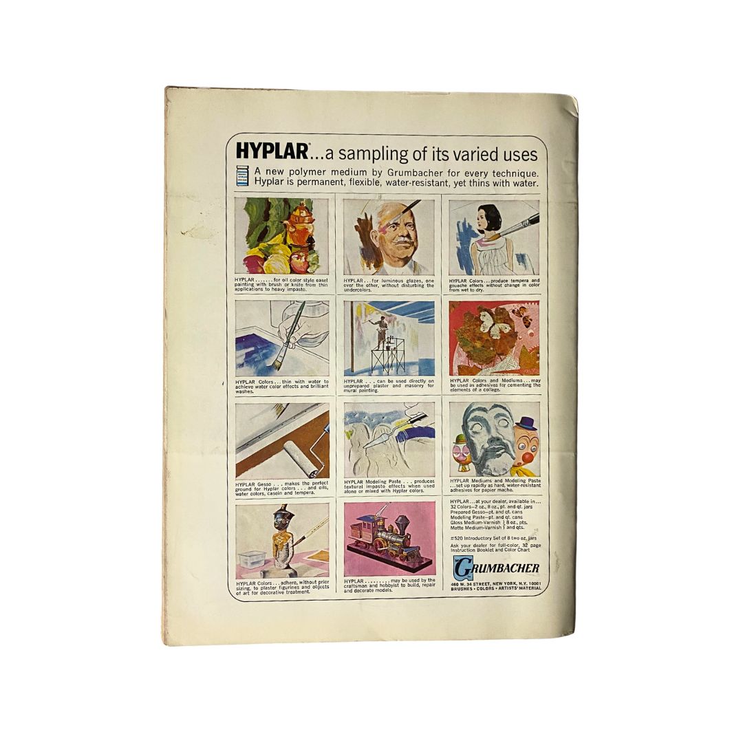 Back cover of VTG Art News Magazine November 1965 showcasing an advertisement for Grumbacher's Hyplar, highlighting its varied uses in art.