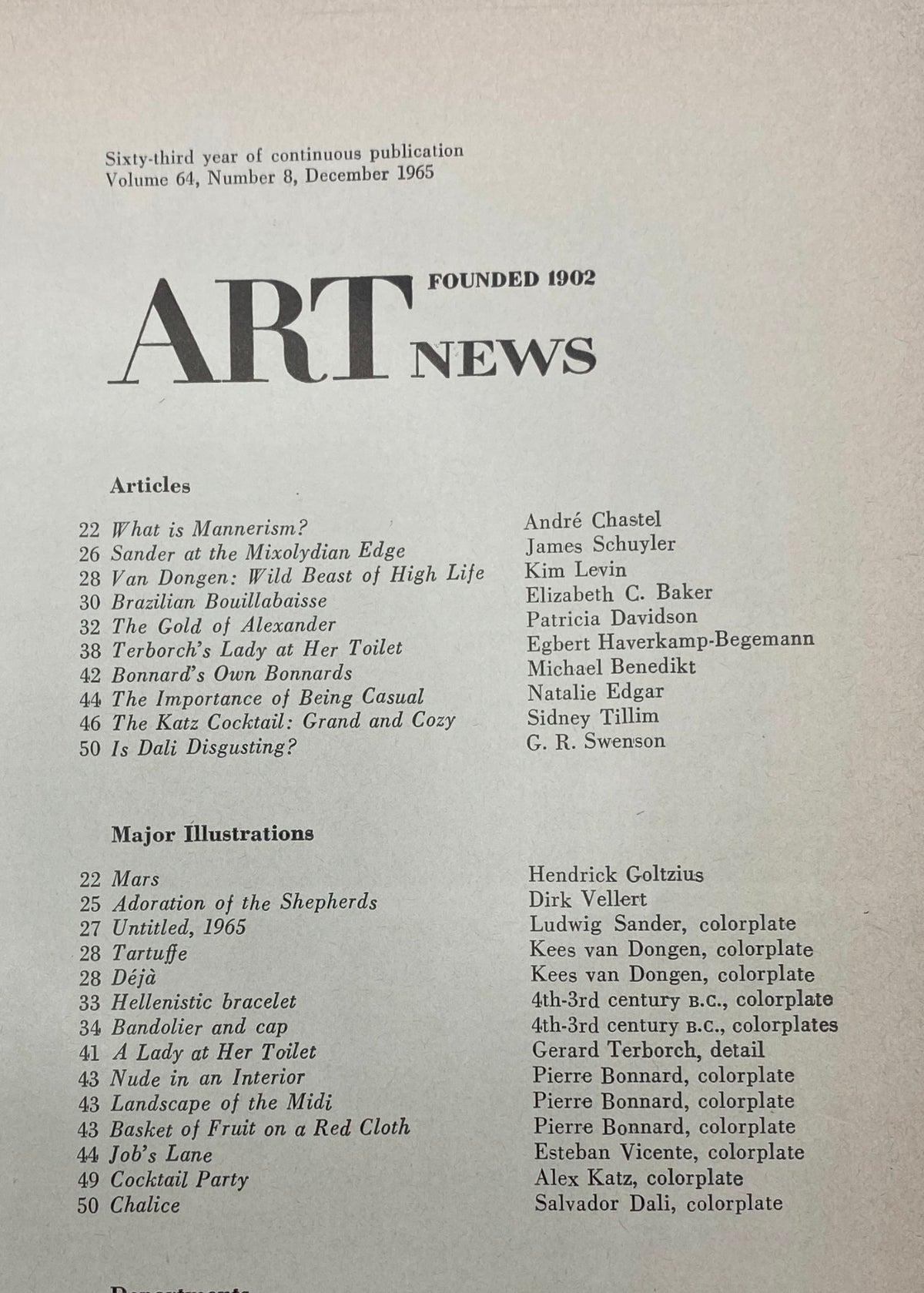 Table of contents from Art News Magazine, December 1965, detailing articles on art history, including topics like Mannerism and contemporary critiques.